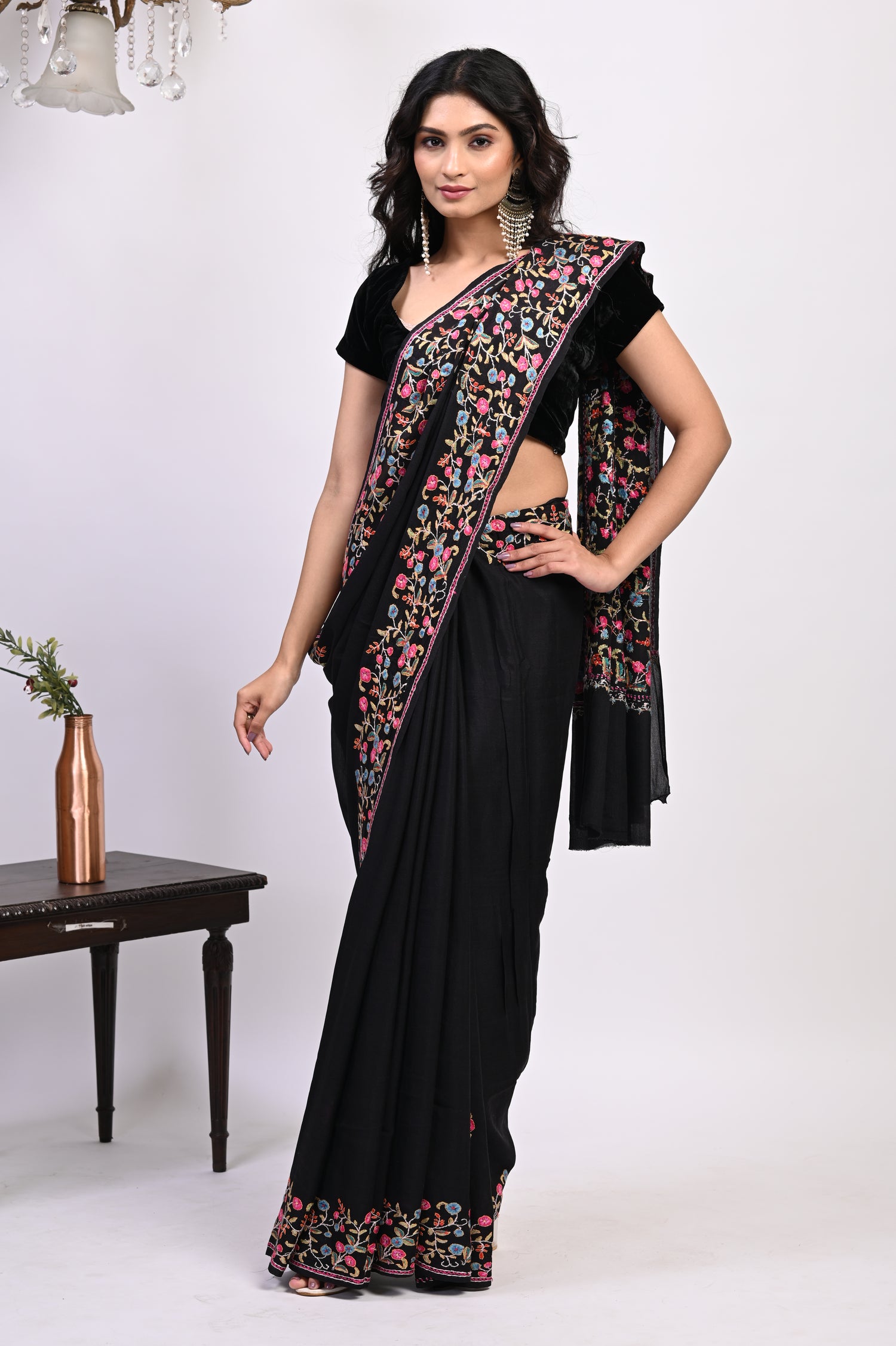 Pure Crepe Chinon Silk Paper Maiche Embriodery Kashmiri Saree