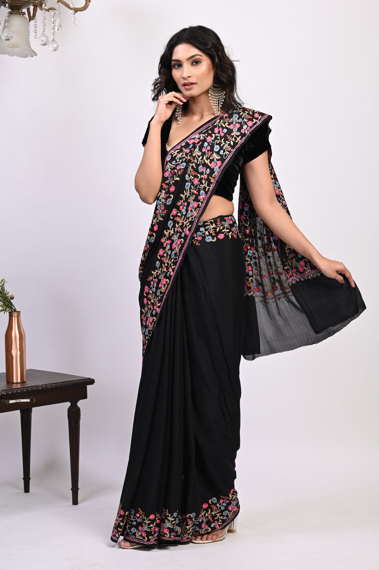 Pure Crepe Chinon Silk Paper Maiche Embriodery Kashmiri Saree