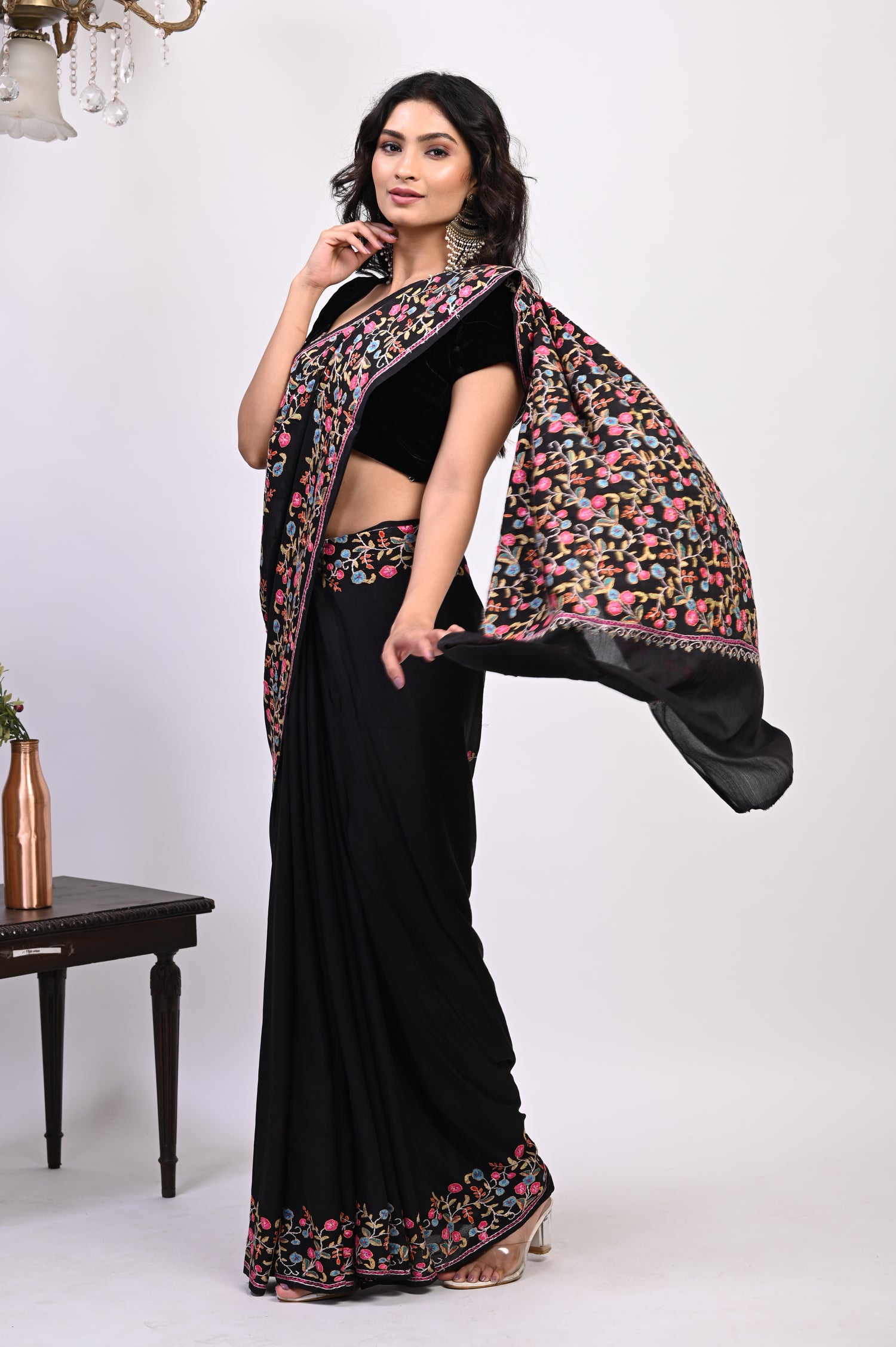 Pure Crepe Chinon Silk Paper Maiche Embriodery Kashmiri Saree