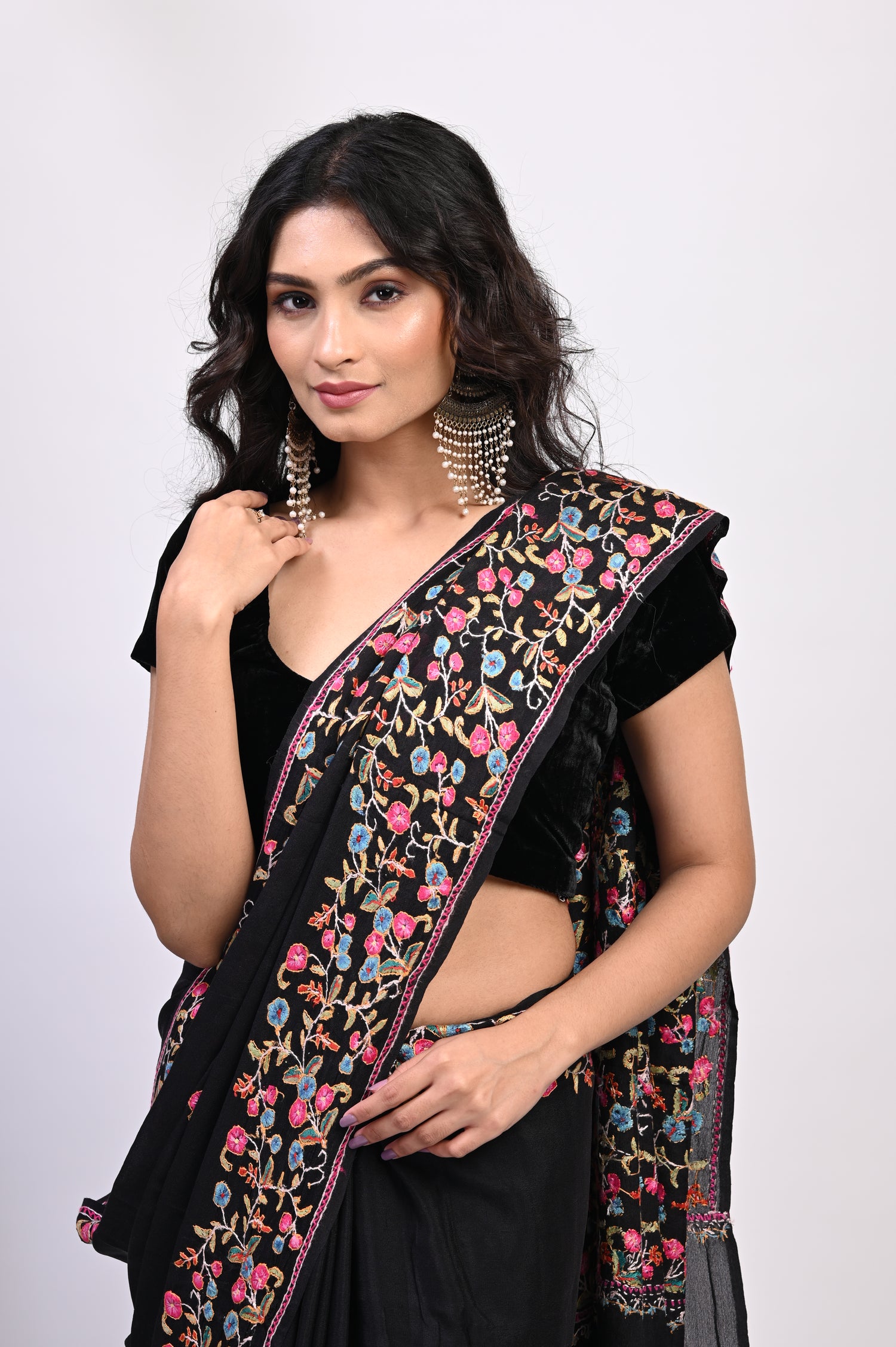 Pure Crepe Chinon Silk Paper Maiche Embriodery Kashmiri Saree