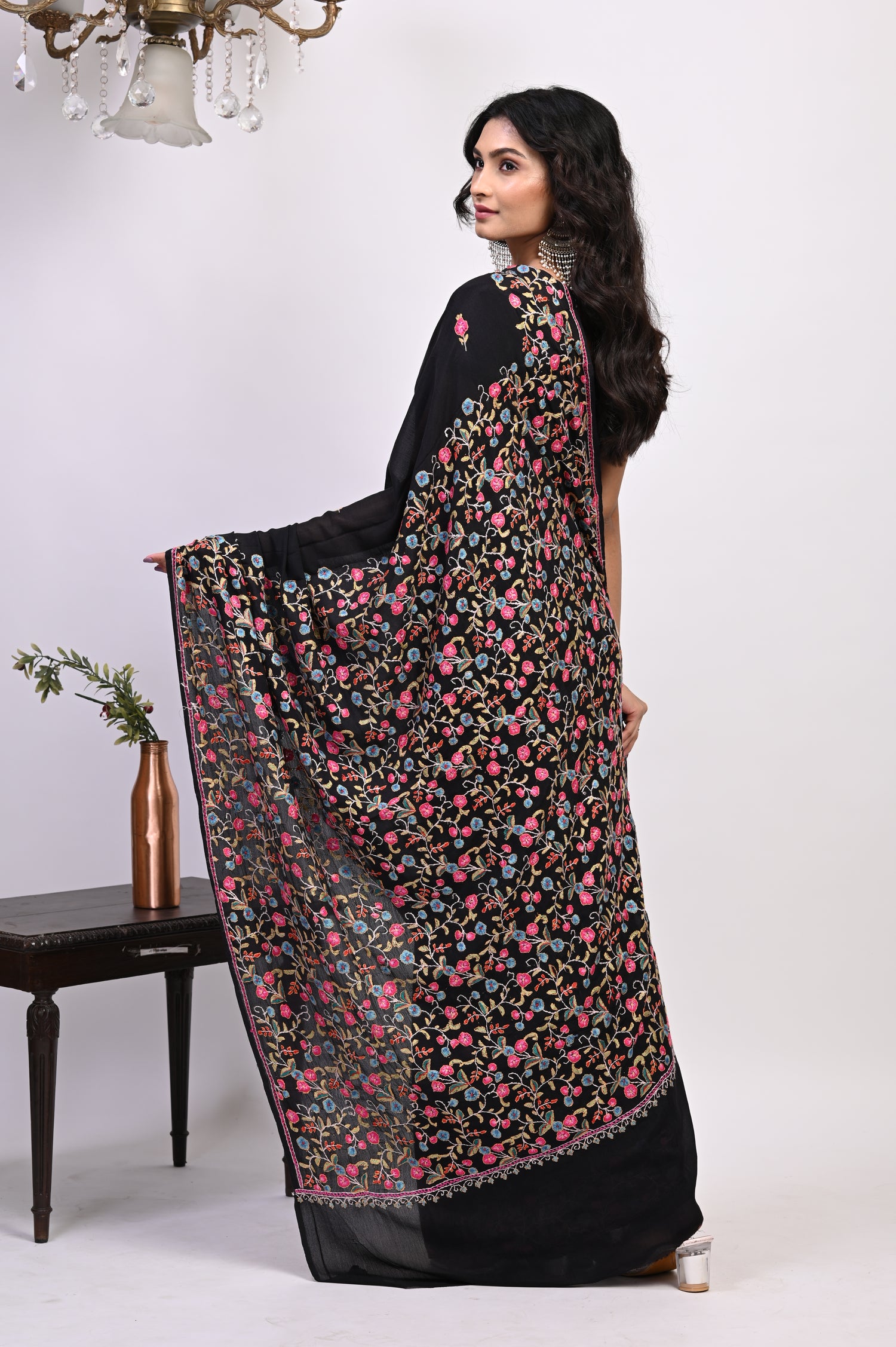 Pure Crepe Chinon Silk Paper Maiche Embriodery Kashmiri Saree