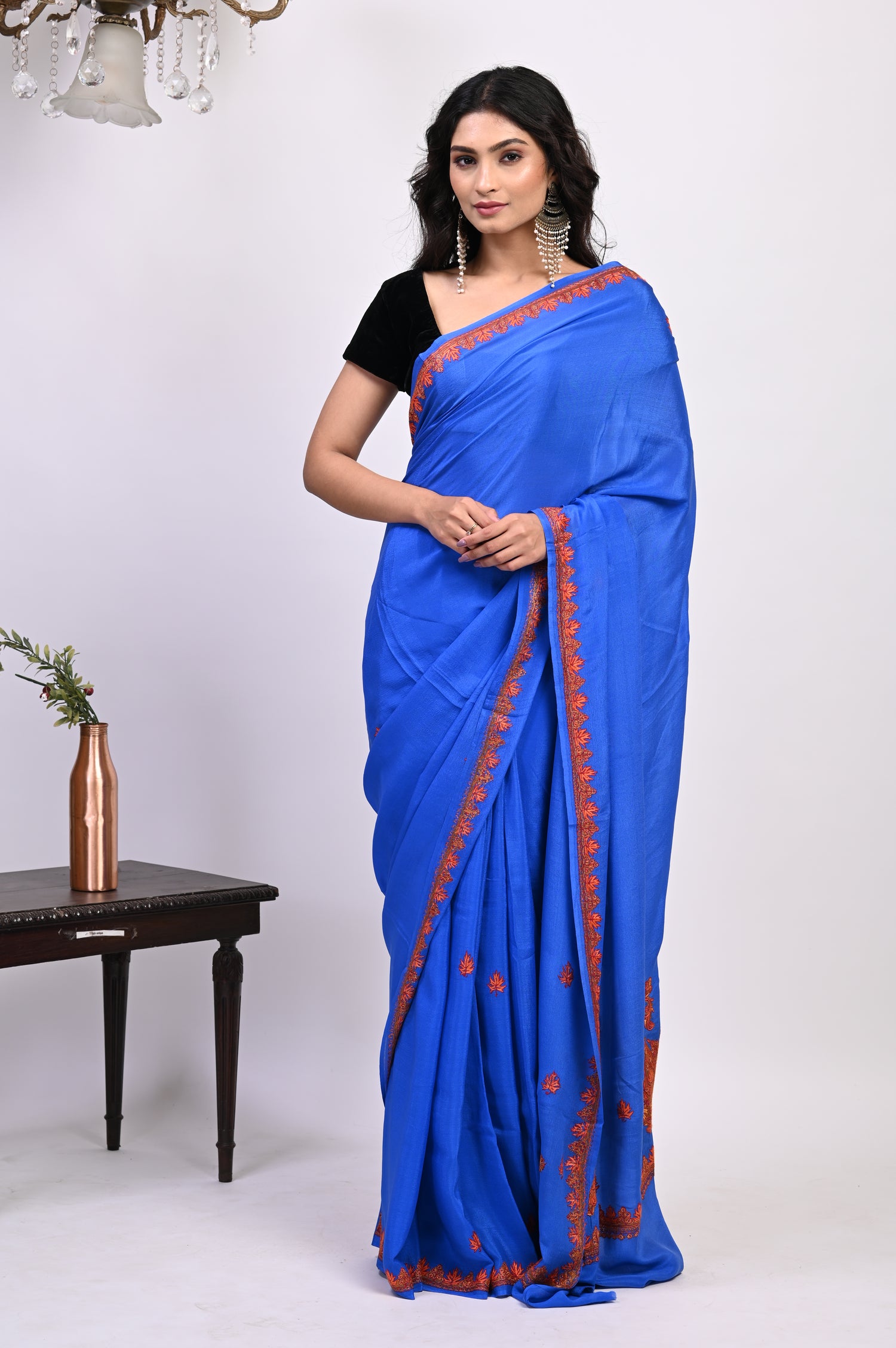 Pure Crepe Chinon Silk Sozni Work Hand Embroidered Kashmiri Saree