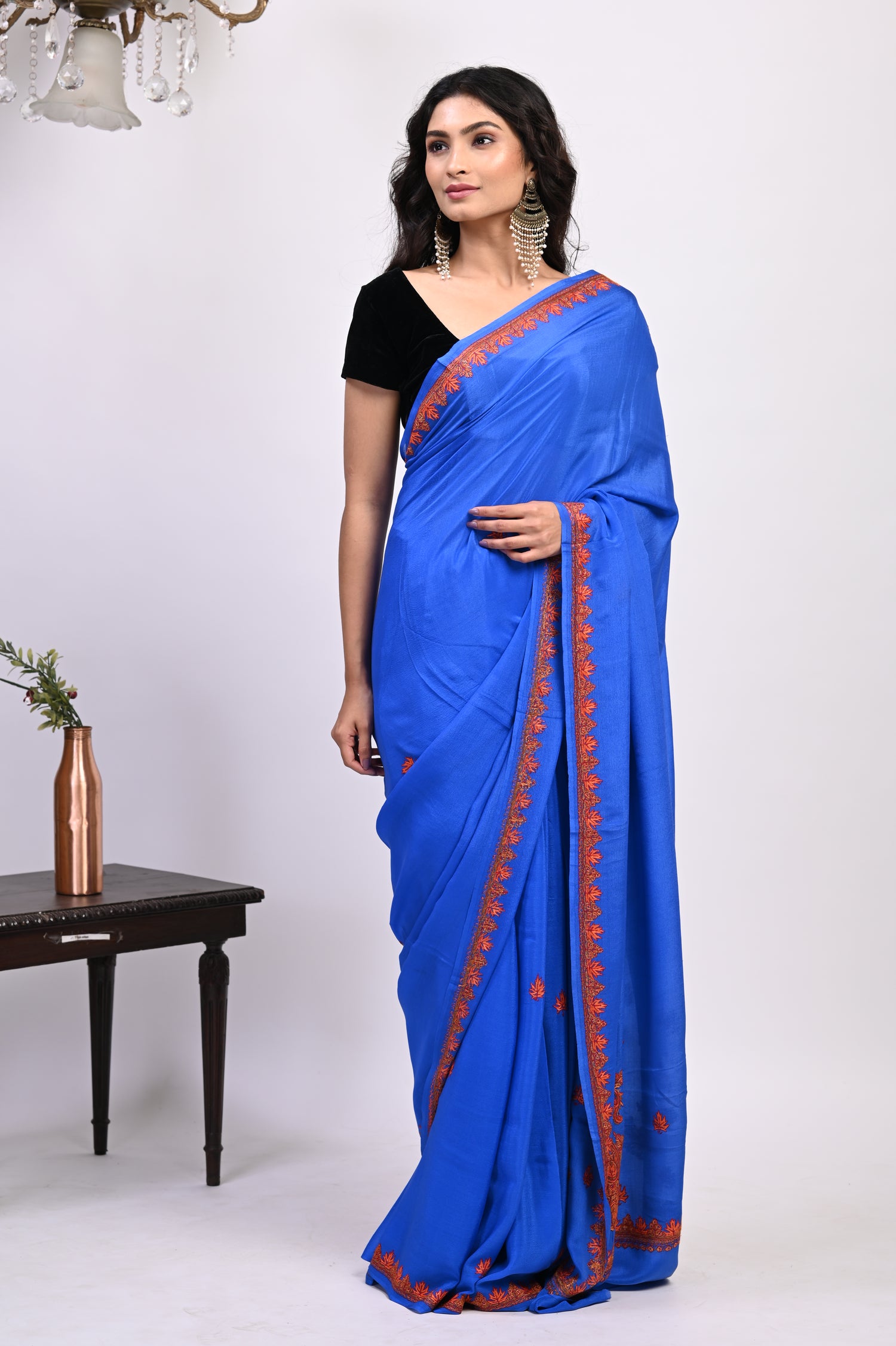 Pure Crepe Chinon Silk Sozni Work Hand Embroidered Kashmiri Saree