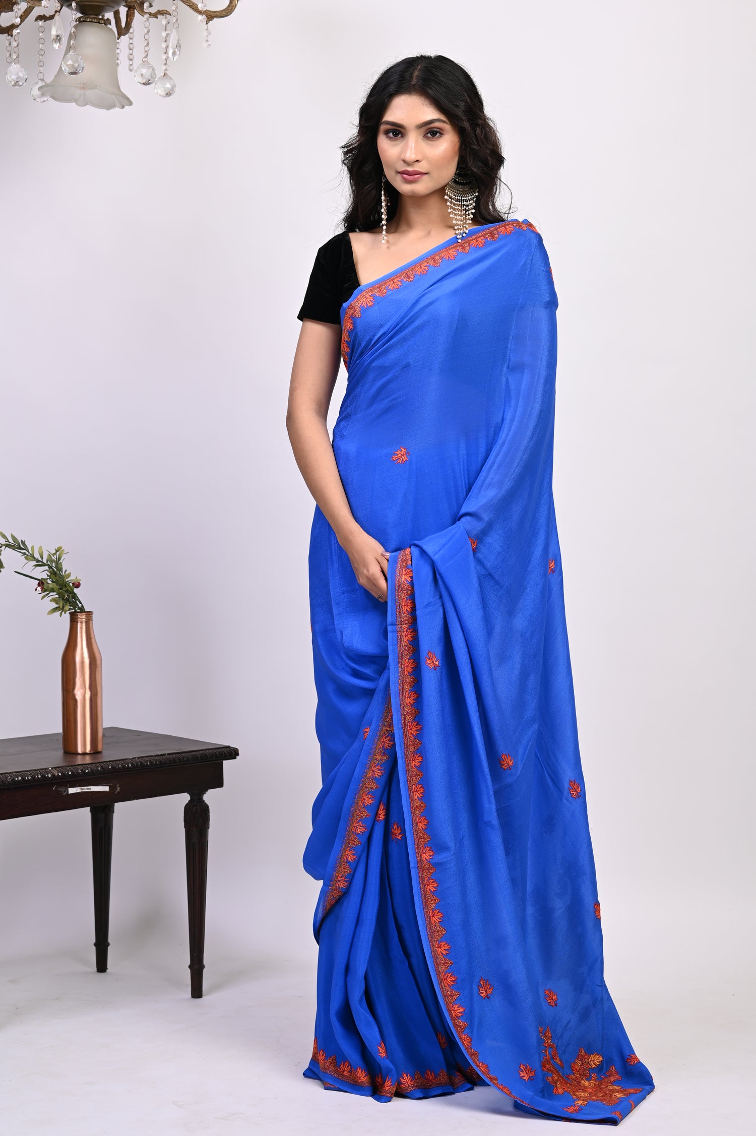 Pure Crepe Chinon Silk Sozni Work Hand Embroidered Kashmiri Saree