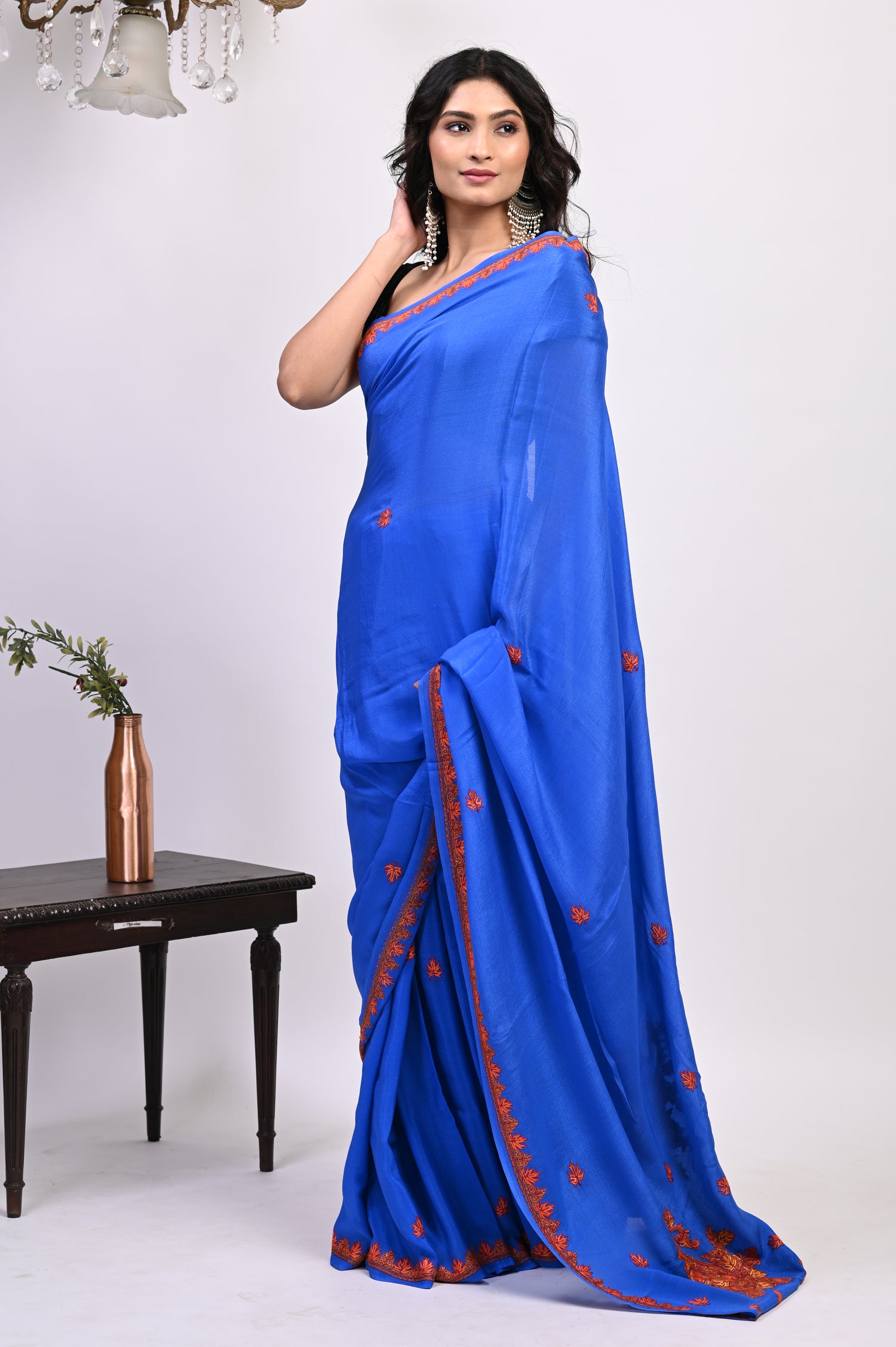 Pure Crepe Chinon Silk Sozni Work Hand Embroidered Kashmiri Saree