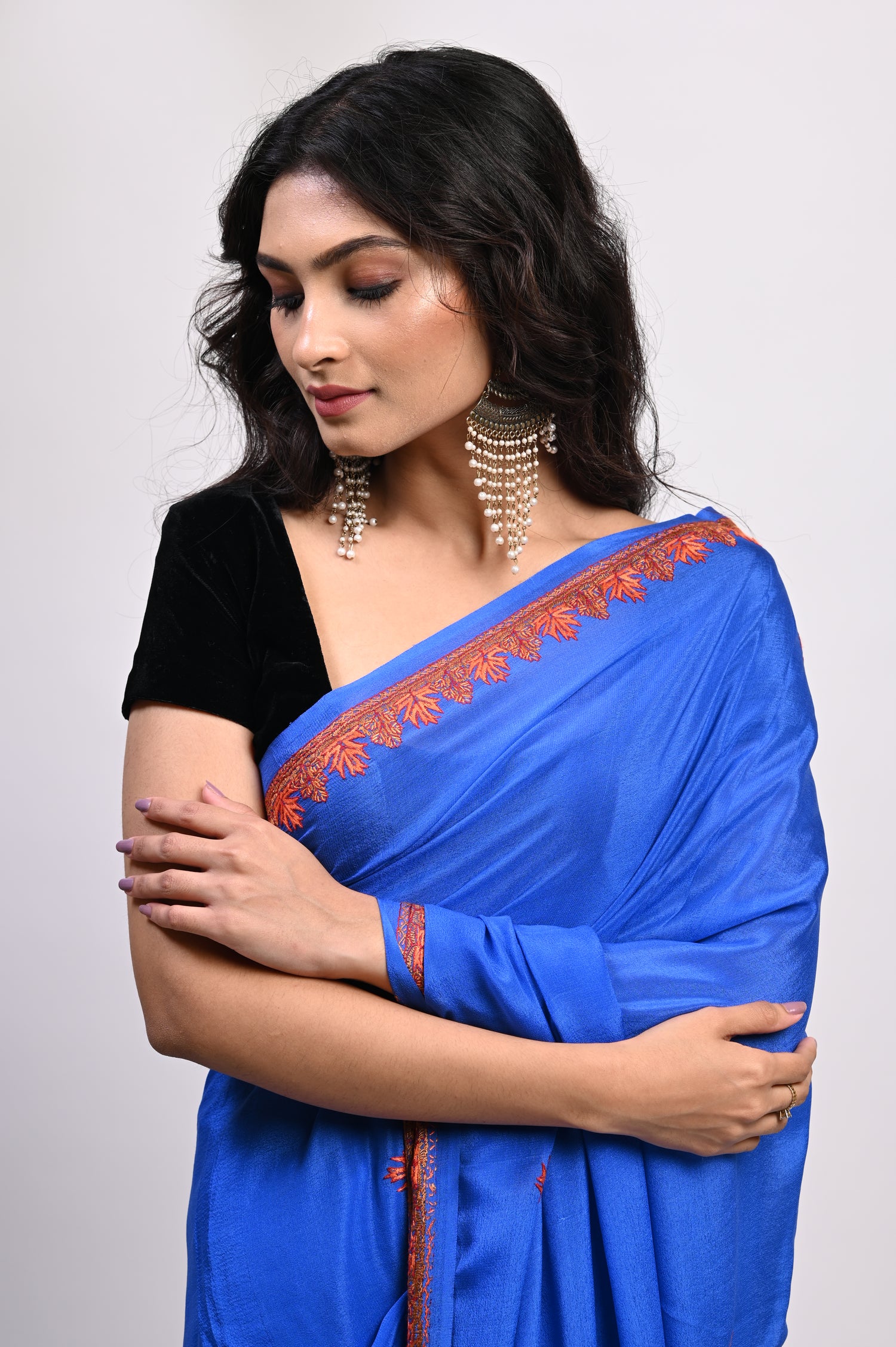 Pure Crepe Chinon Silk Sozni Work Hand Embroidered Kashmiri Saree