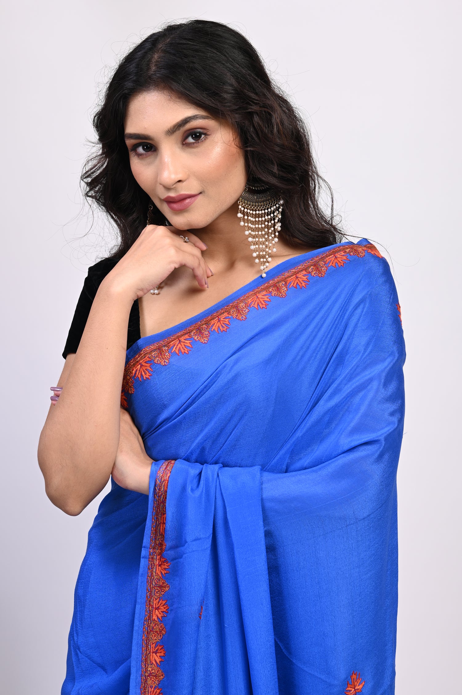 Pure Crepe Chinon Silk Sozni Work Hand Embroidered Kashmiri Saree