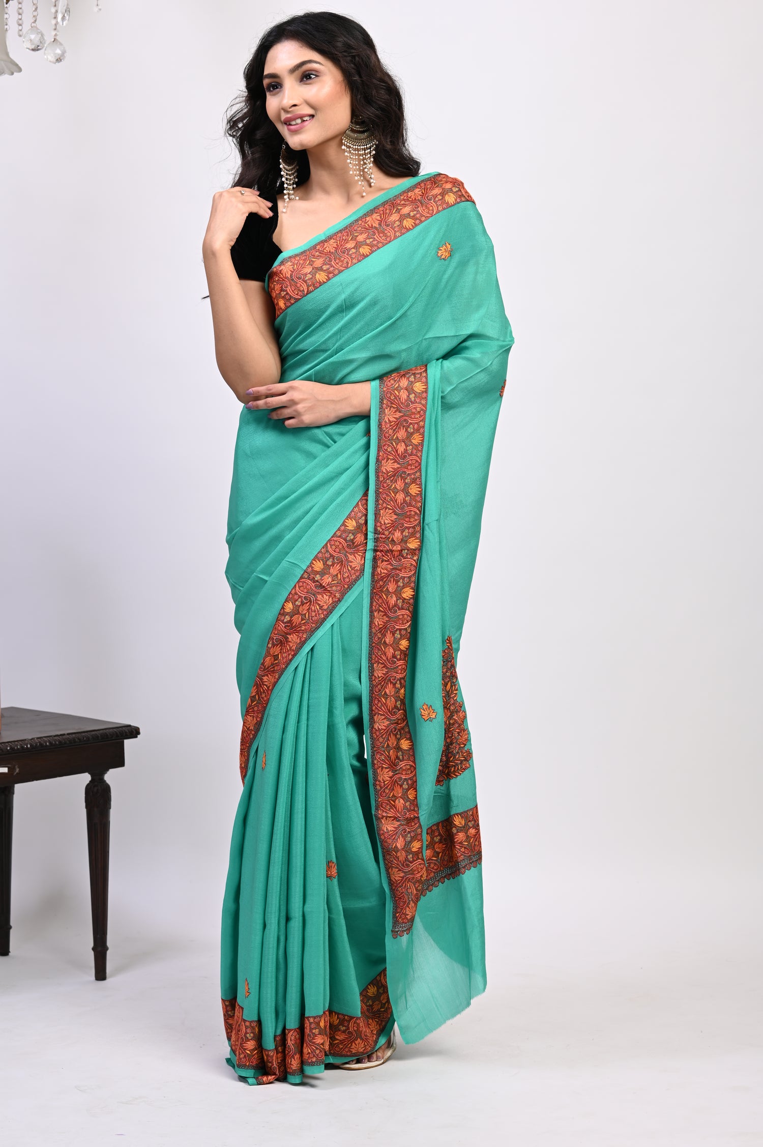 Pure Crepe Chinon Silk Sozni Work Hand Embroidered Kashmiri Saree