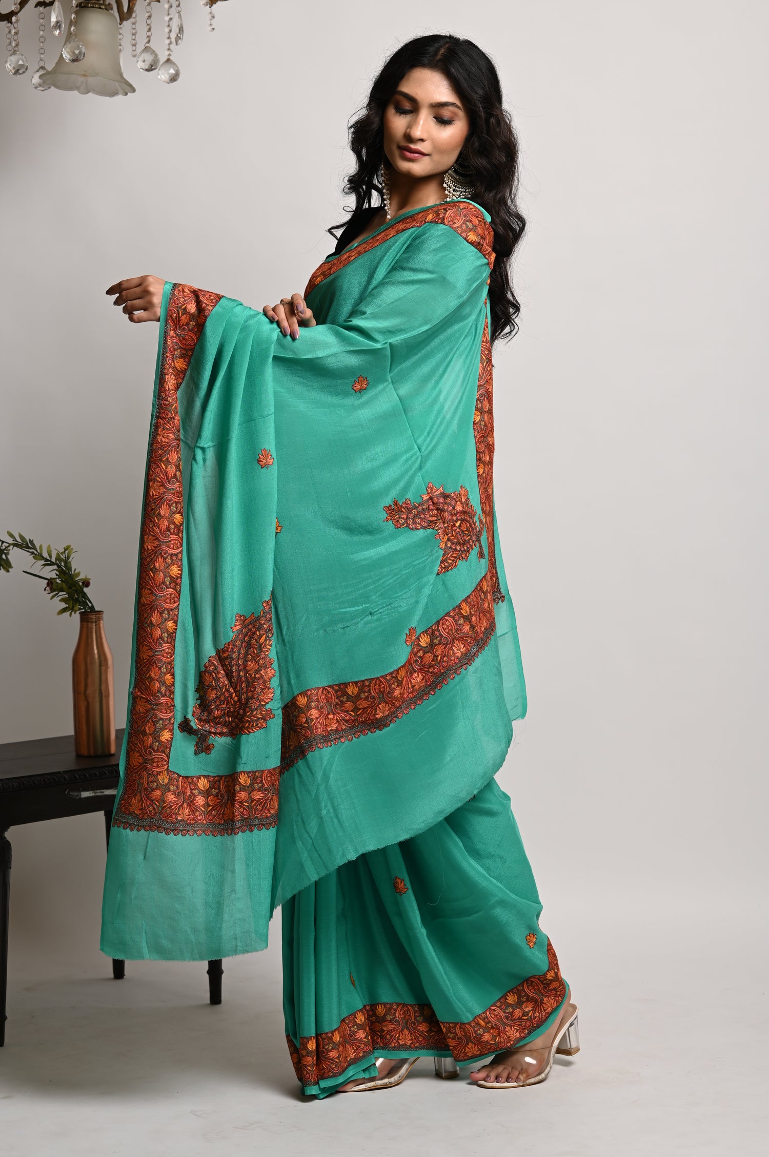 Pure Crepe Chinon Silk Sozni Work Hand Embroidered Kashmiri Saree
