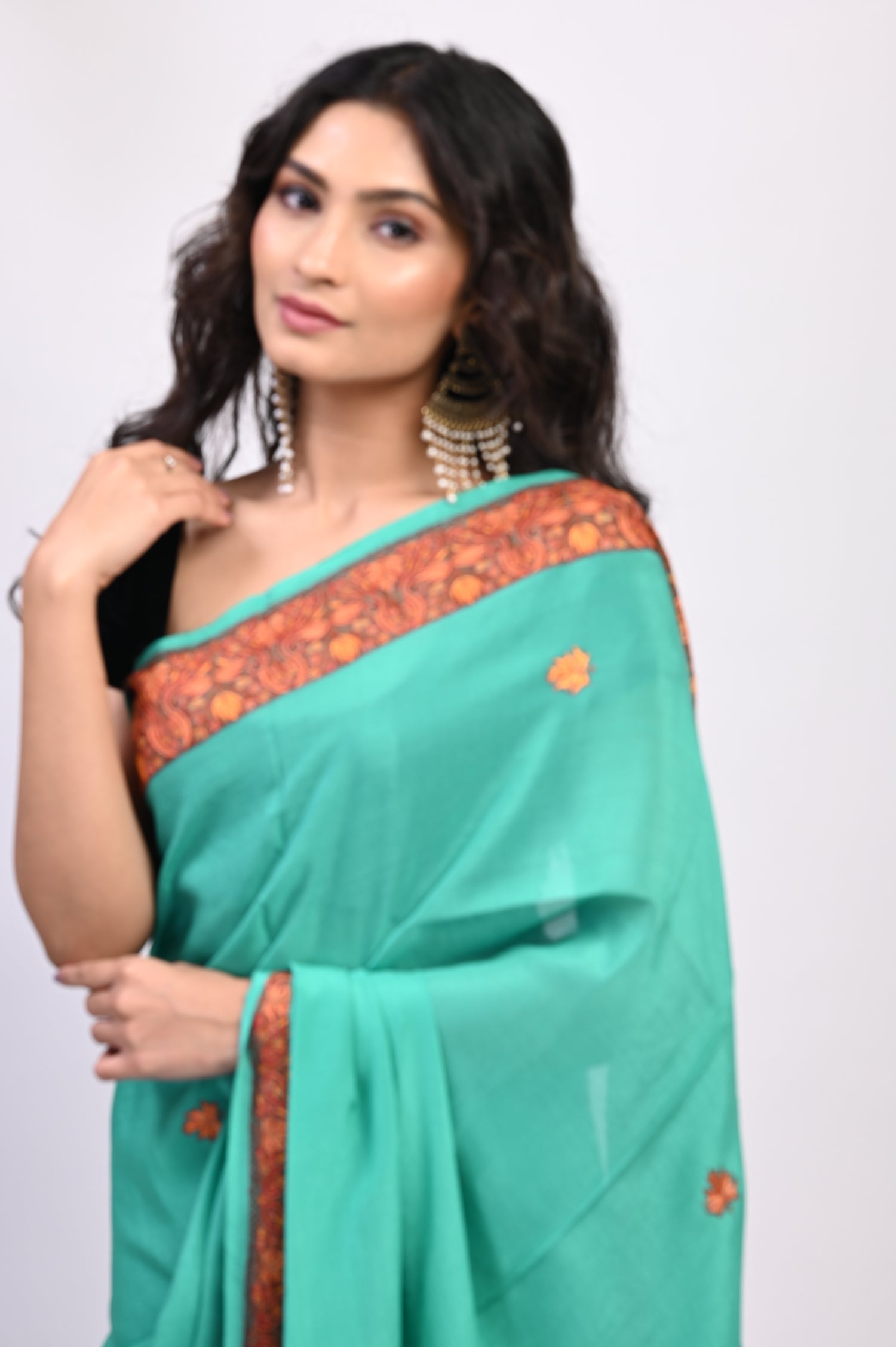 Pure Crepe Chinon Silk Sozni Work Hand Embroidered Kashmiri Saree