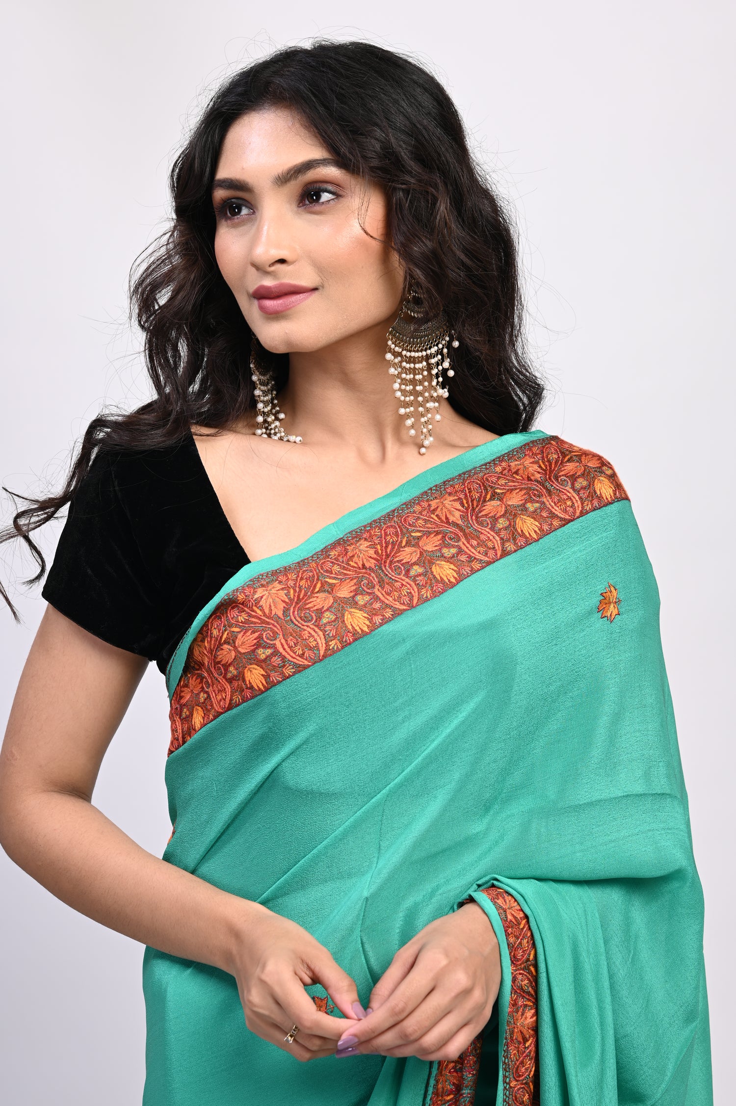 Pure Crepe Chinon Silk Sozni Work Hand Embroidered Kashmiri Saree