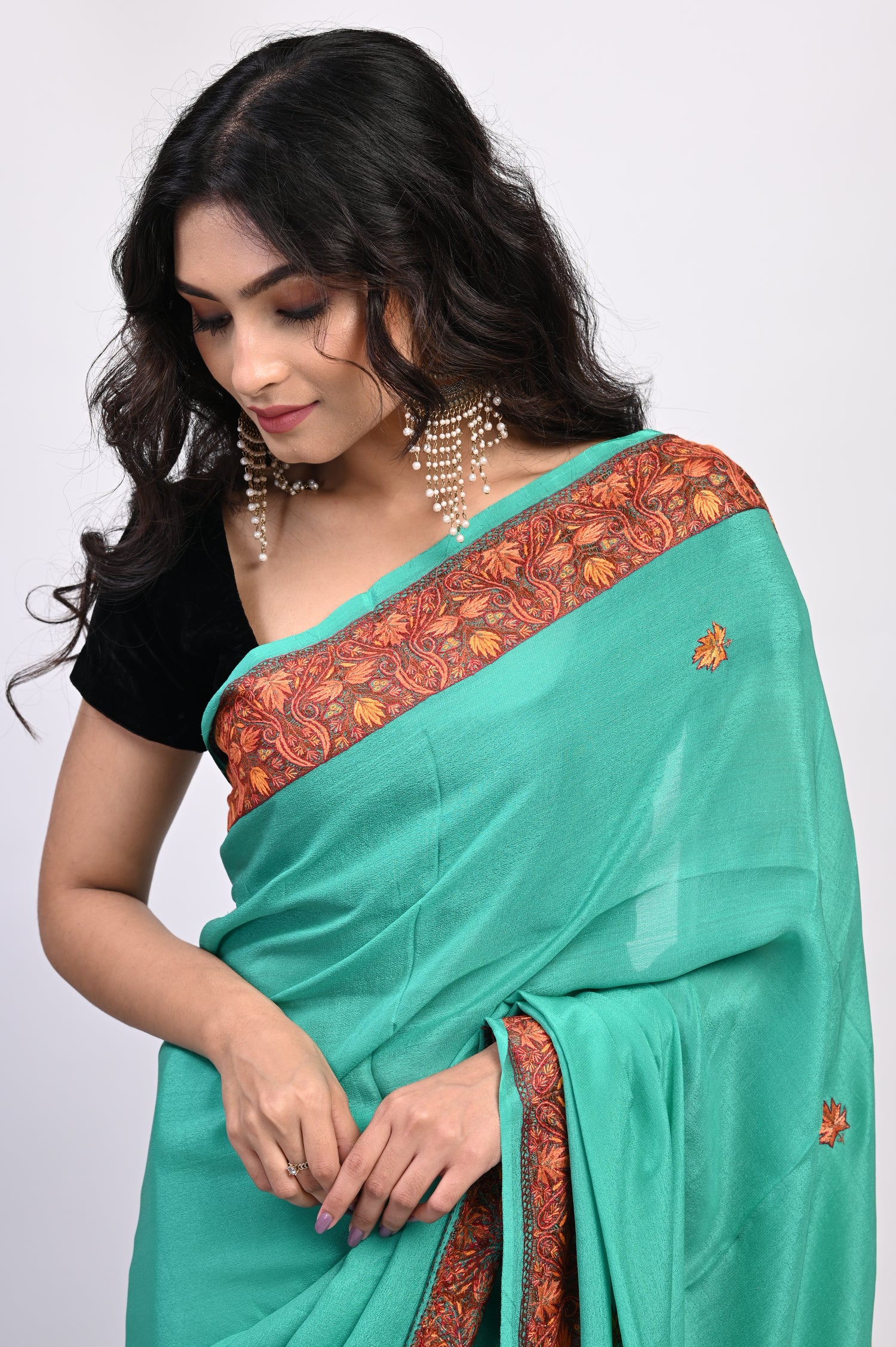 Pure Crepe Chinon Silk Sozni Work Hand Embroidered Kashmiri Saree