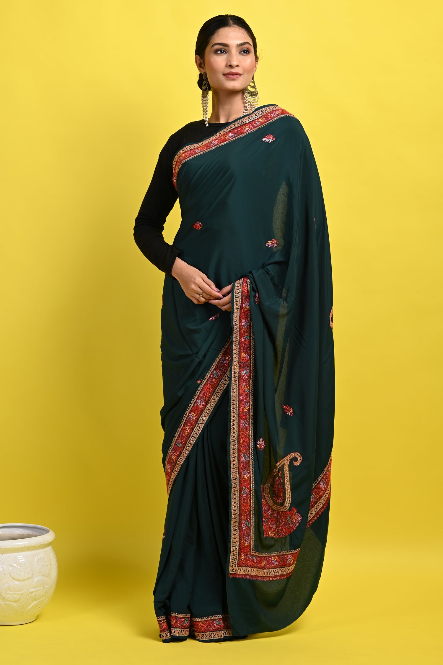Pure Crepe Chinon Silk Sozni Work Kashmiri Saree