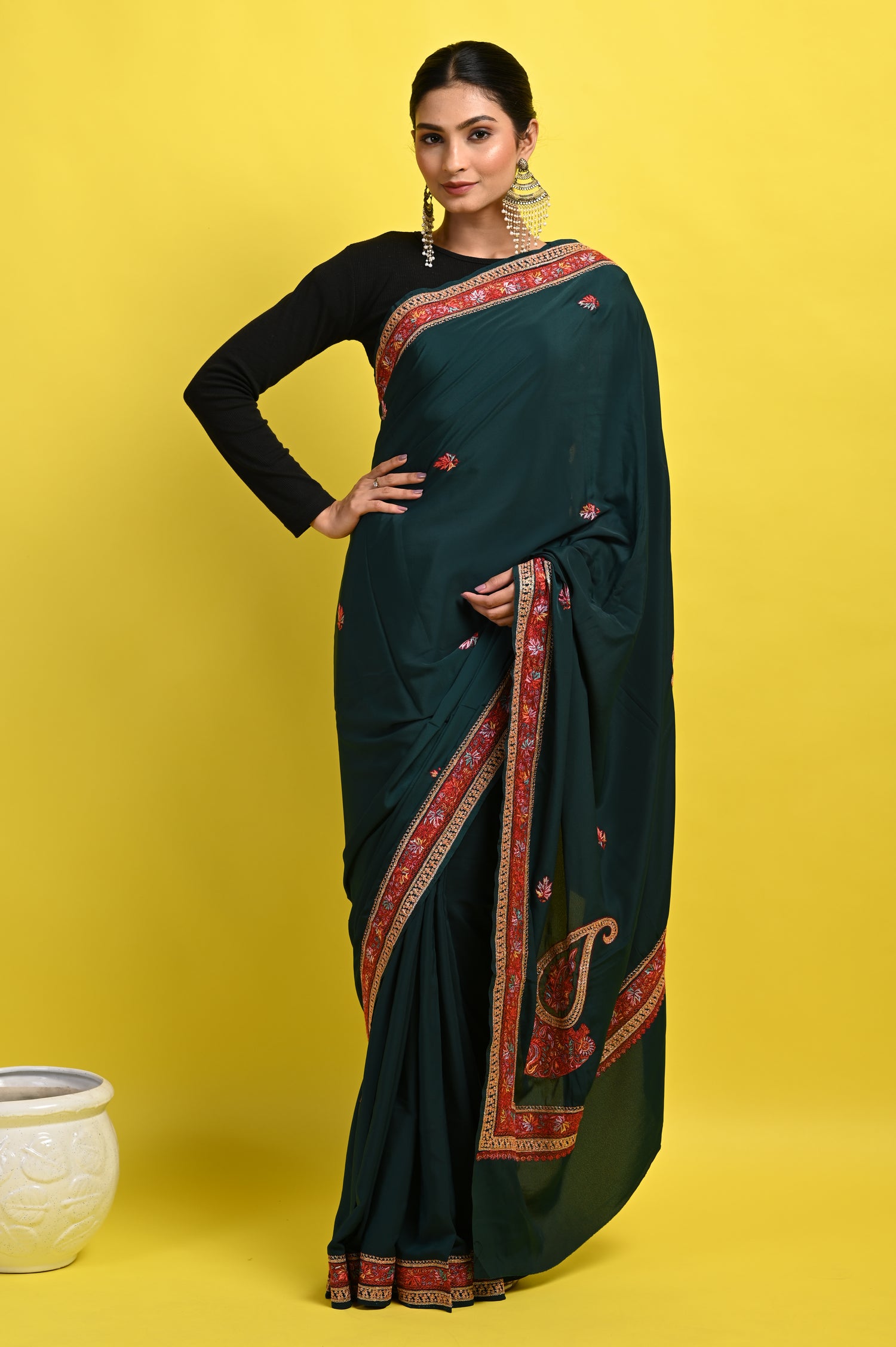 Pure Crepe Chinon Silk Sozni Work Kashmiri Saree