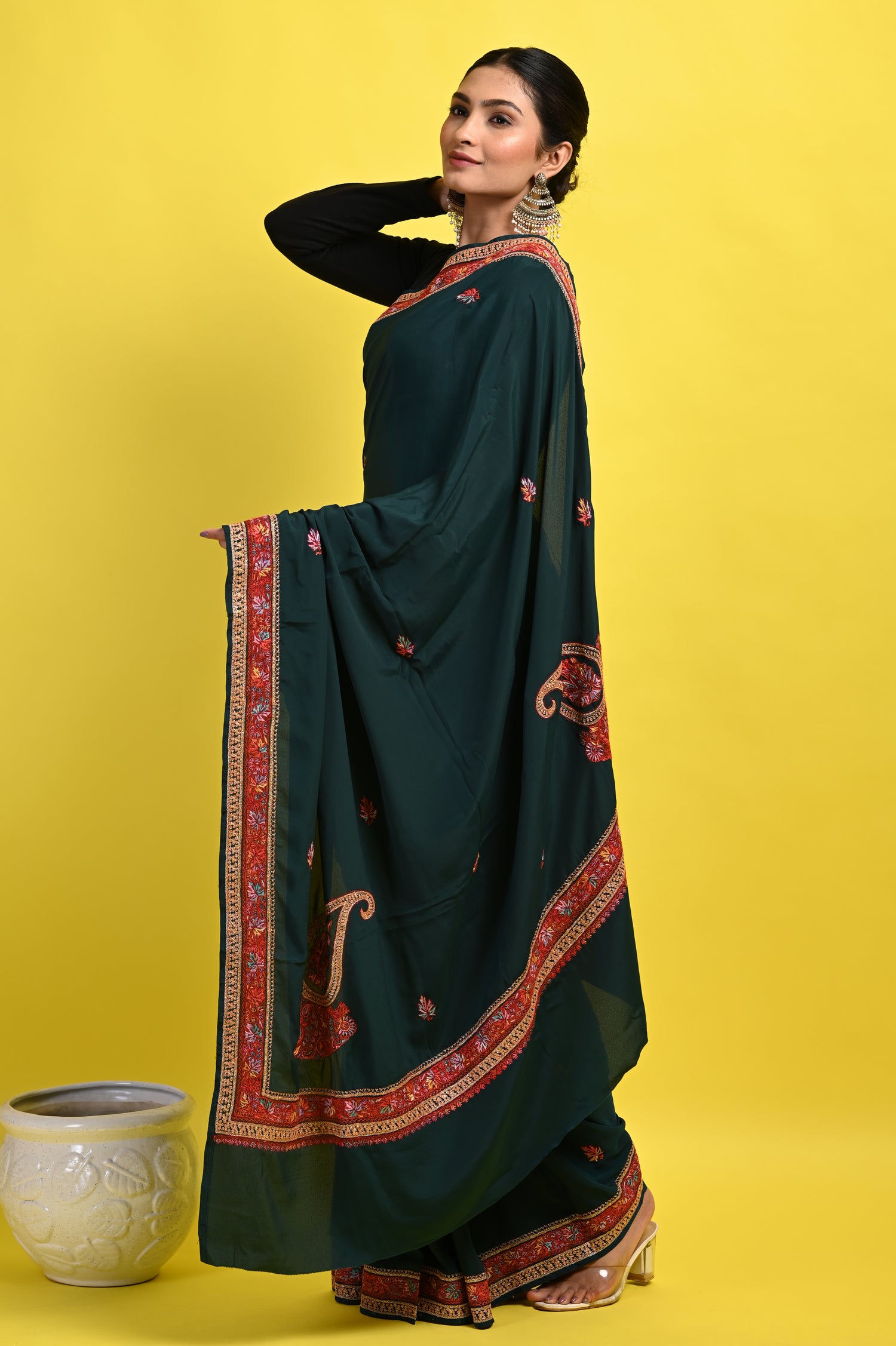 Pure Crepe Chinon Silk Sozni Work Kashmiri Saree