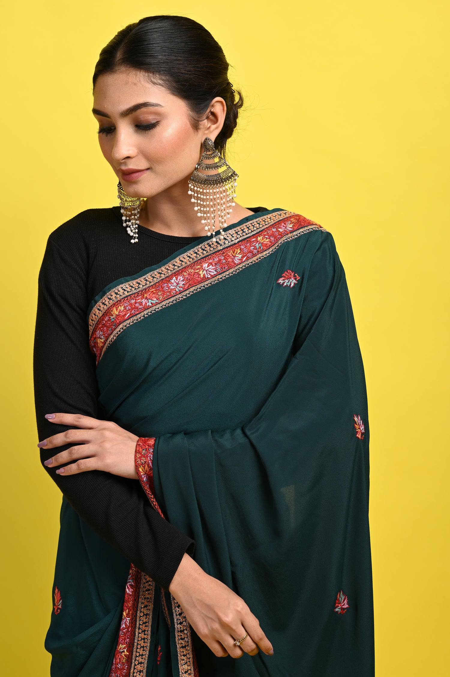 Pure Crepe Chinon Silk Sozni Work Kashmiri Saree