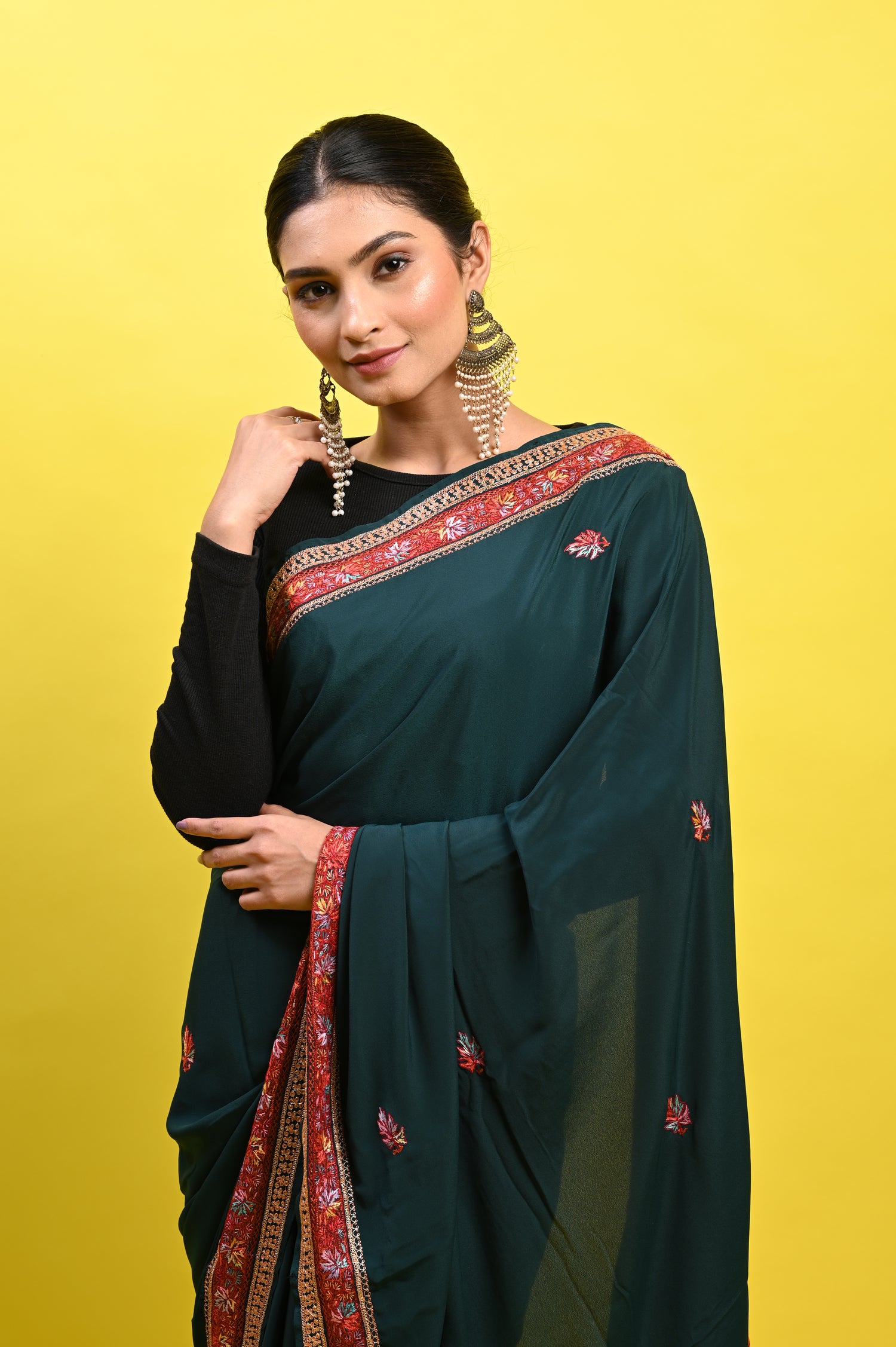 Pure Crepe Chinon Silk Sozni Work Kashmiri Saree