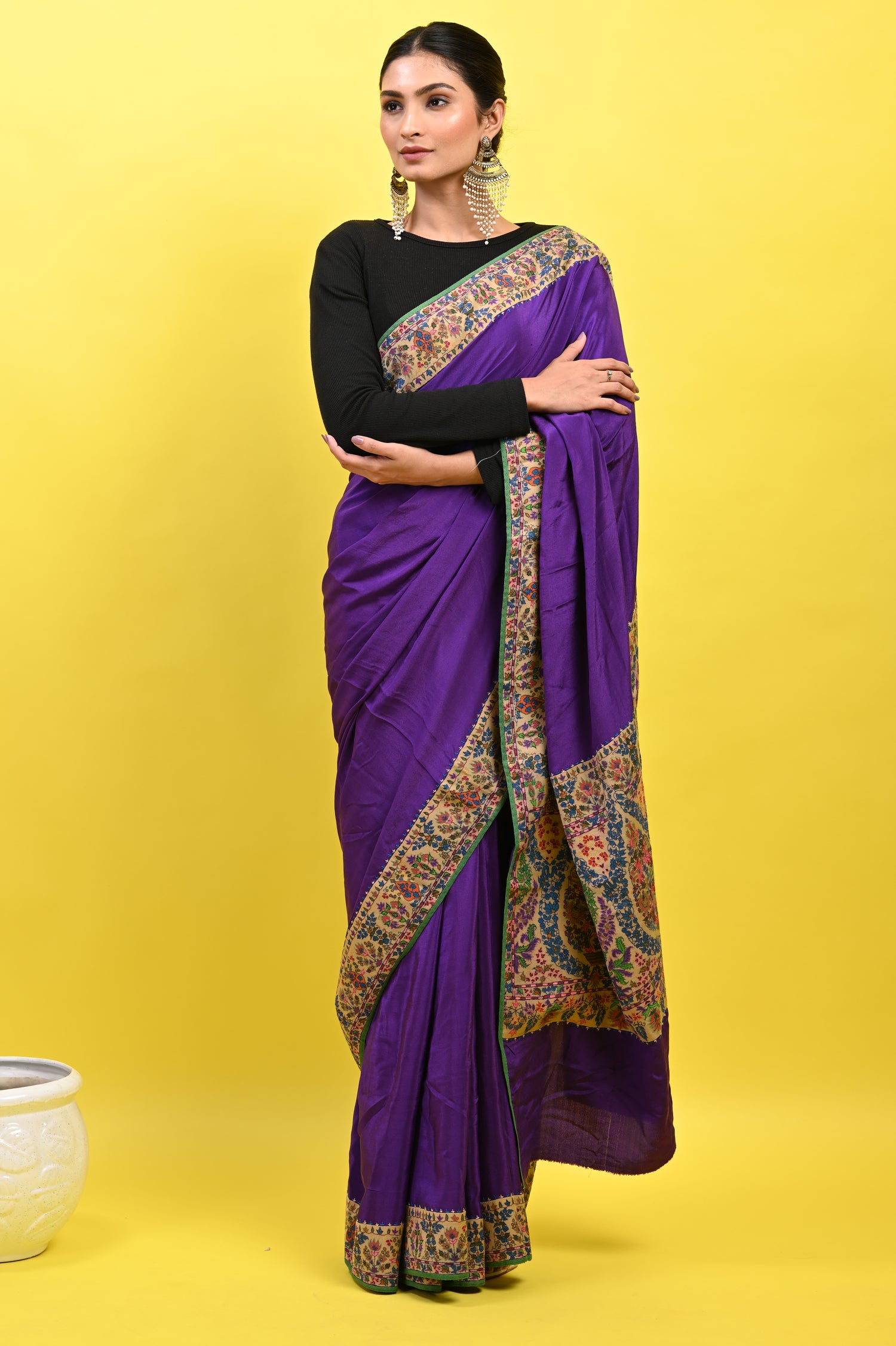 Pure Crepe Chinon Silk Kalamkari Embriodery Kashmiri Saree