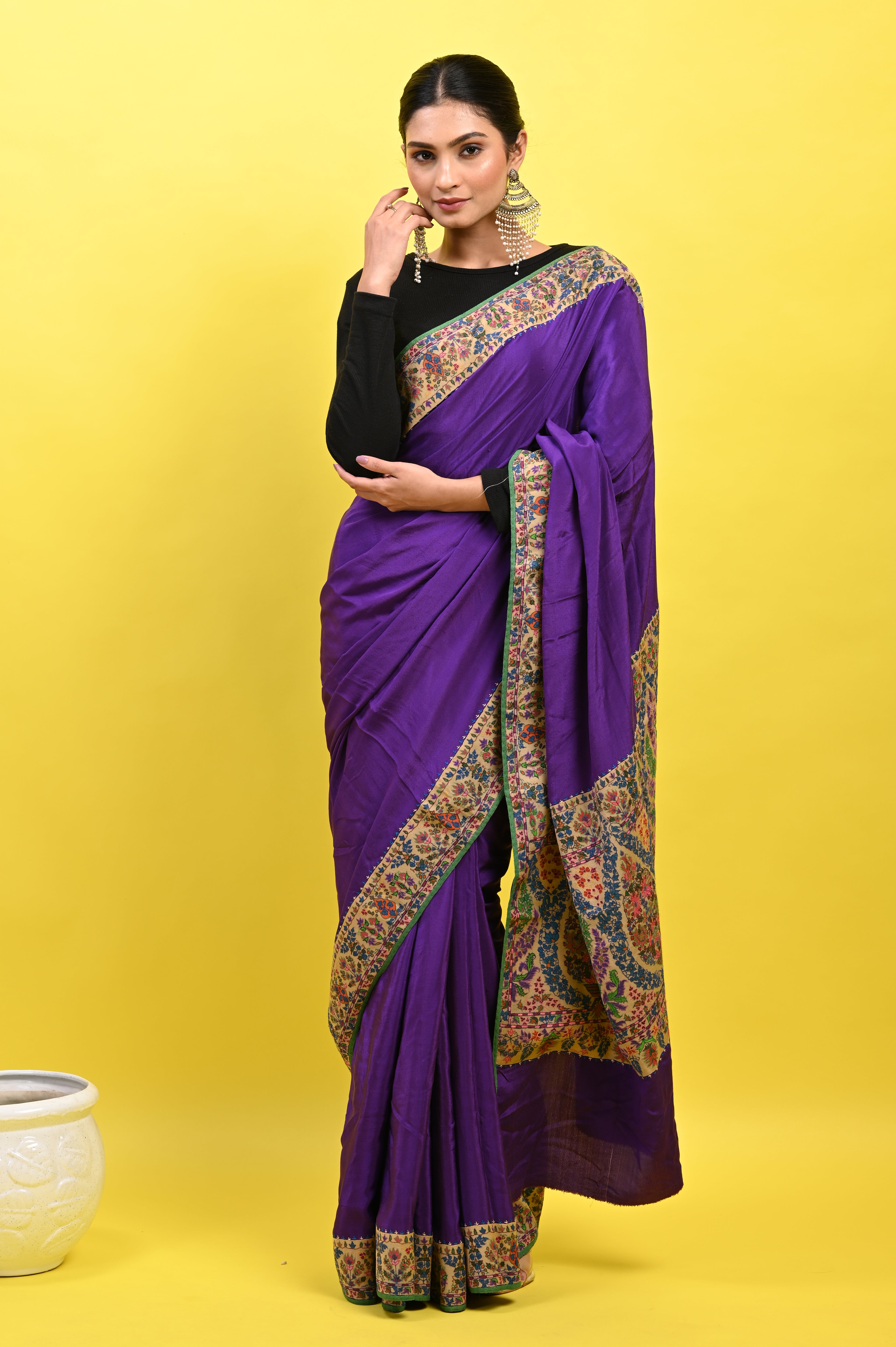 Pure Crepe Chinon Silk Kalamkari Embriodery Kashmiri Saree