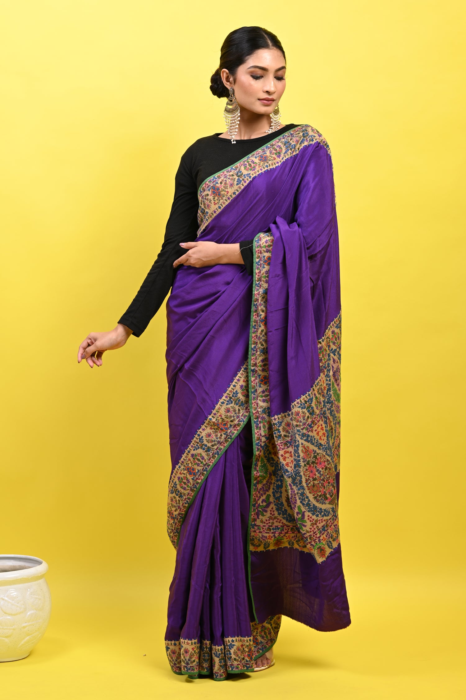 Pure Crepe Chinon Silk Kalamkari Embriodery Kashmiri Saree