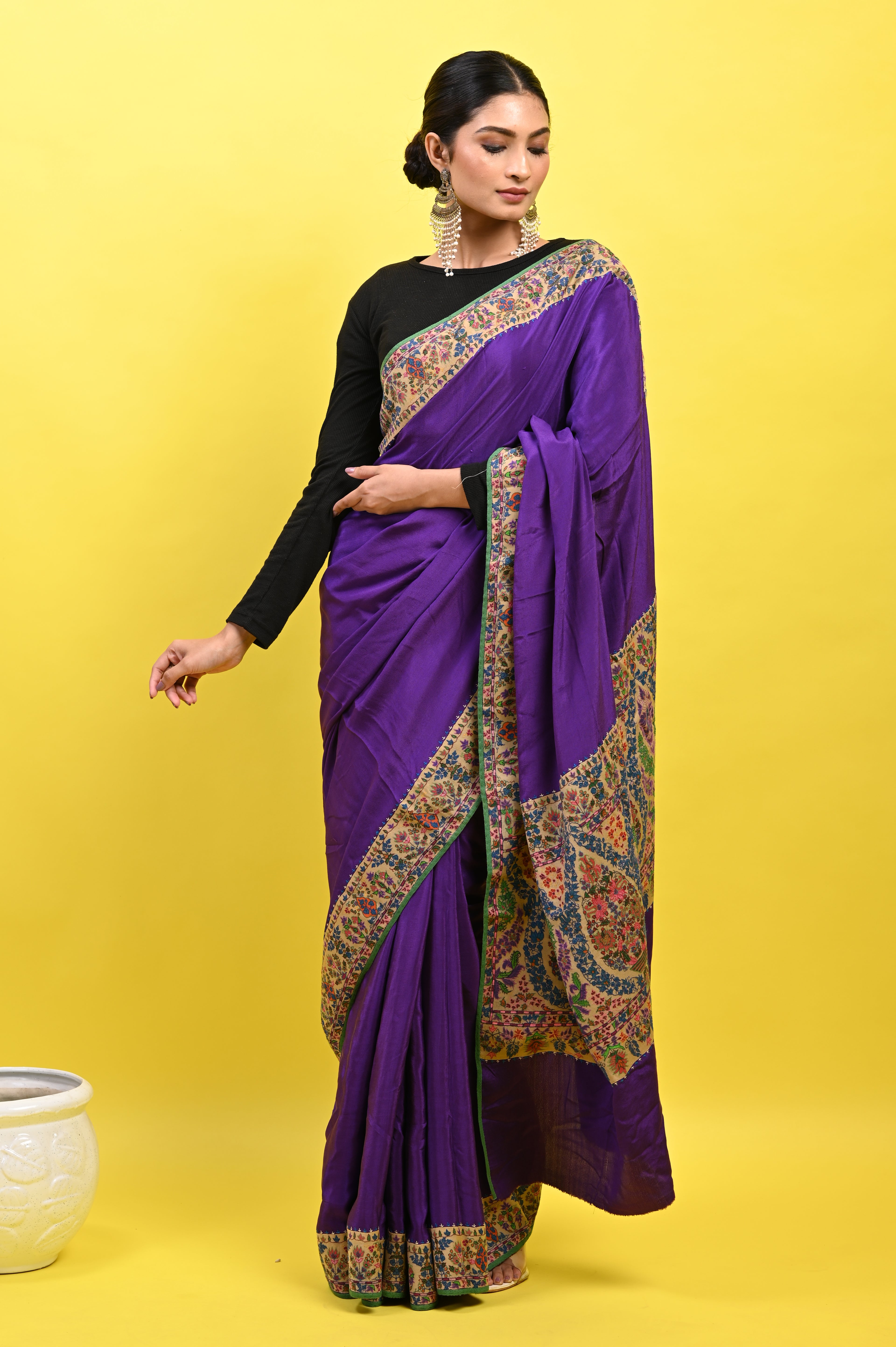 Pure Crepe Chinon Silk Kalamkari Embriodery Kashmiri Saree
