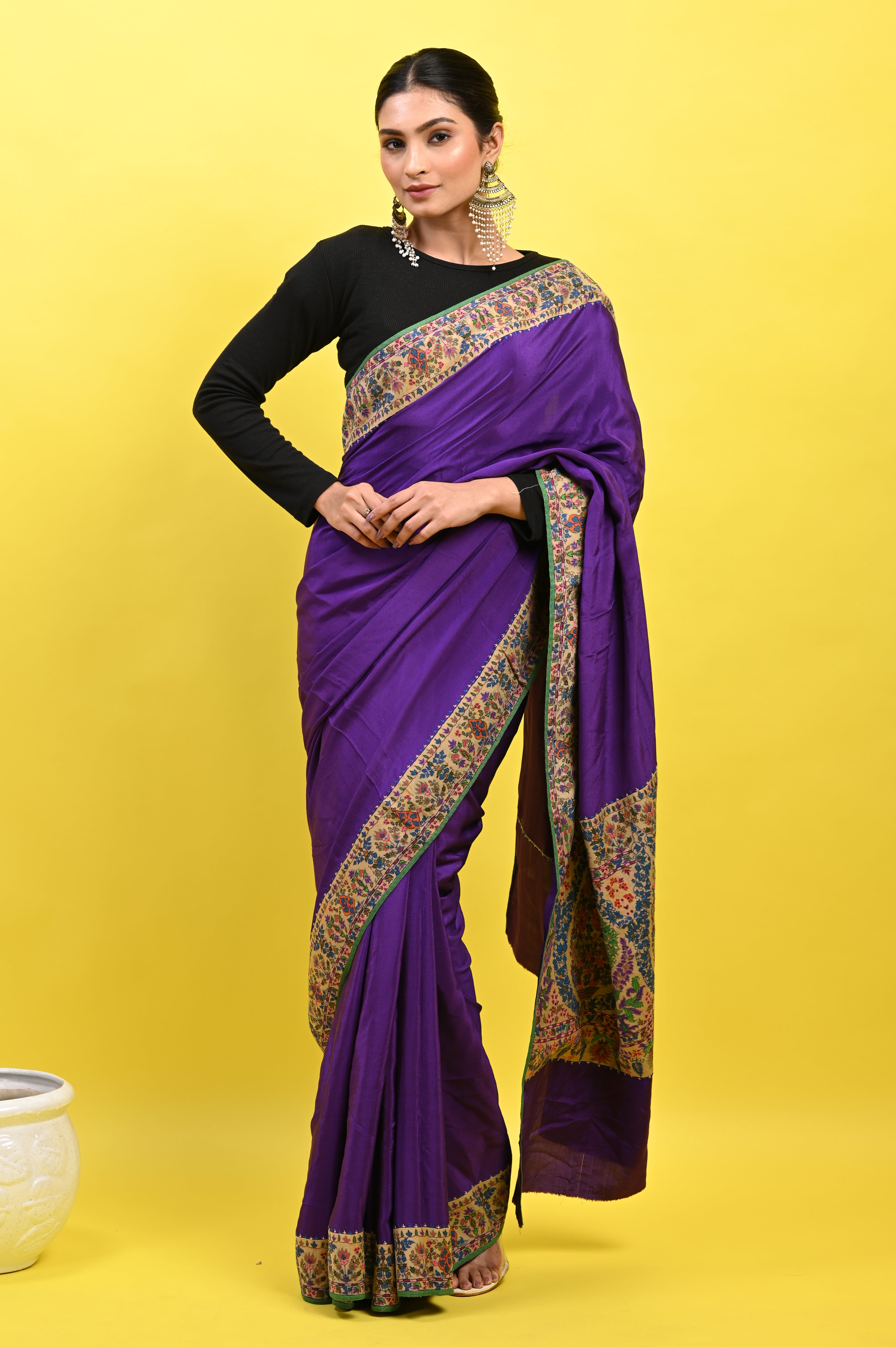 Pure Crepe Chinon Silk Kalamkari Embriodery Kashmiri Saree