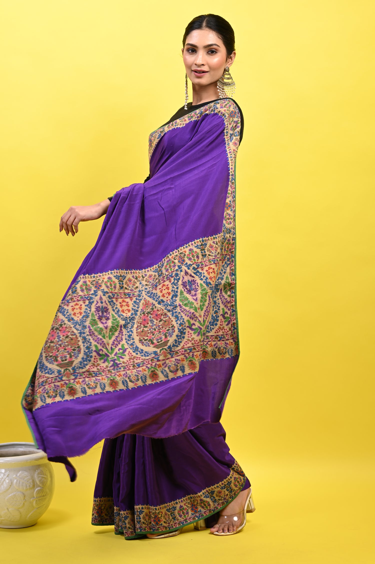 Pure Crepe Chinon Silk Kalamkari Embriodery Kashmiri Saree