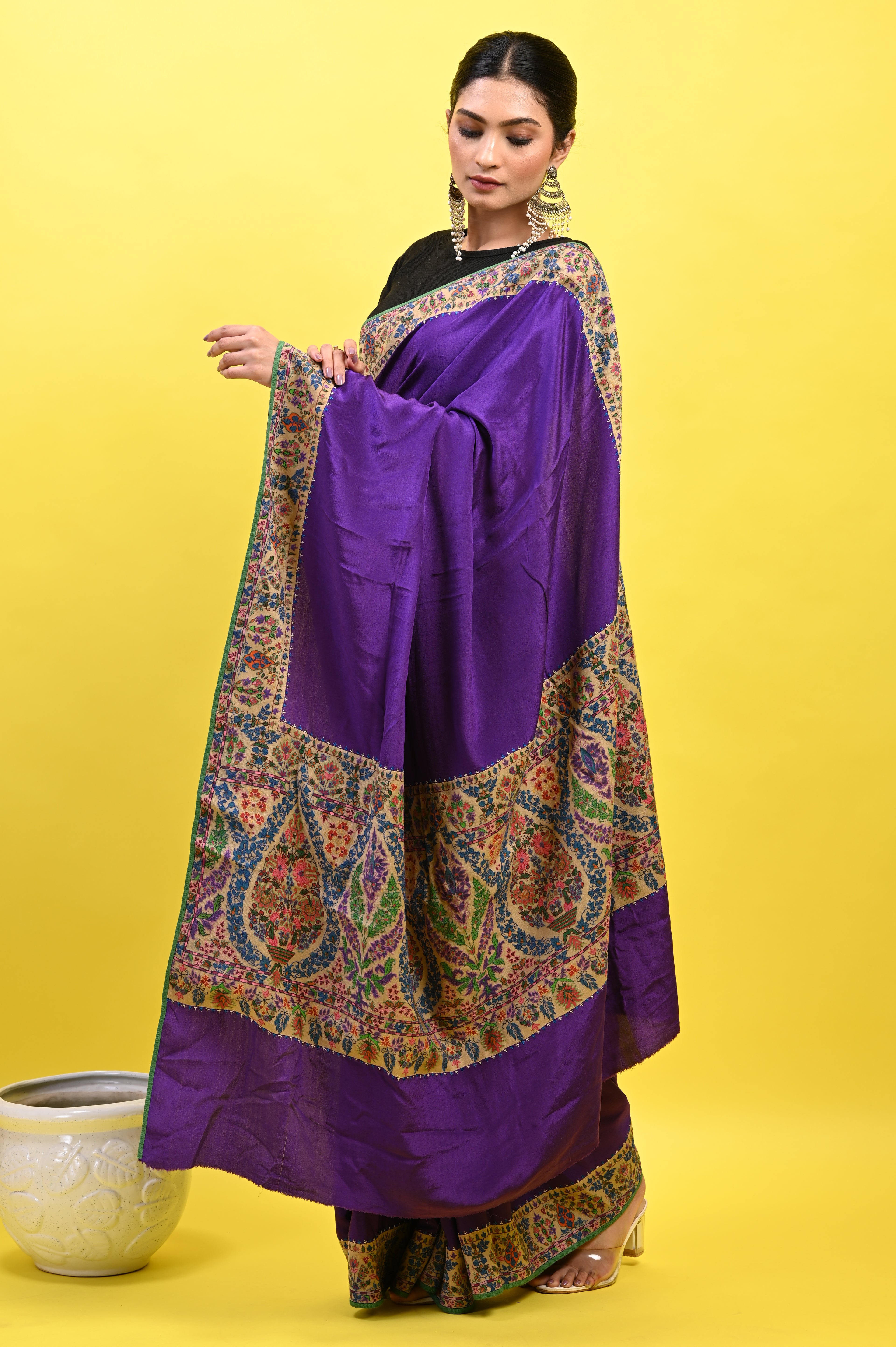 Pure Crepe Chinon Silk Kalamkari Embriodery Kashmiri Saree