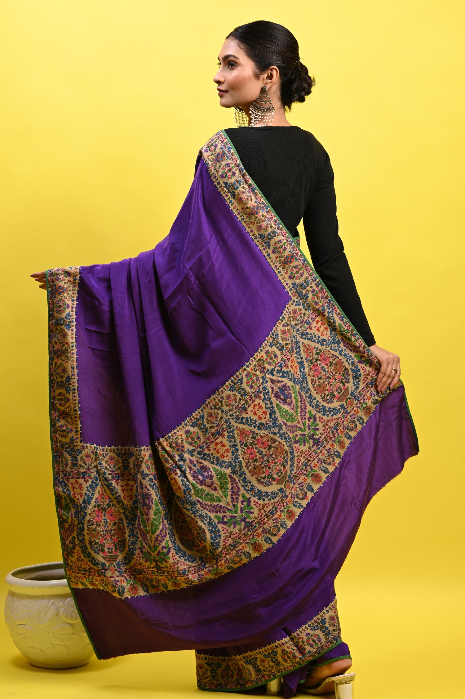 Pure Crepe Chinon Silk Kalamkari Embriodery Kashmiri Saree