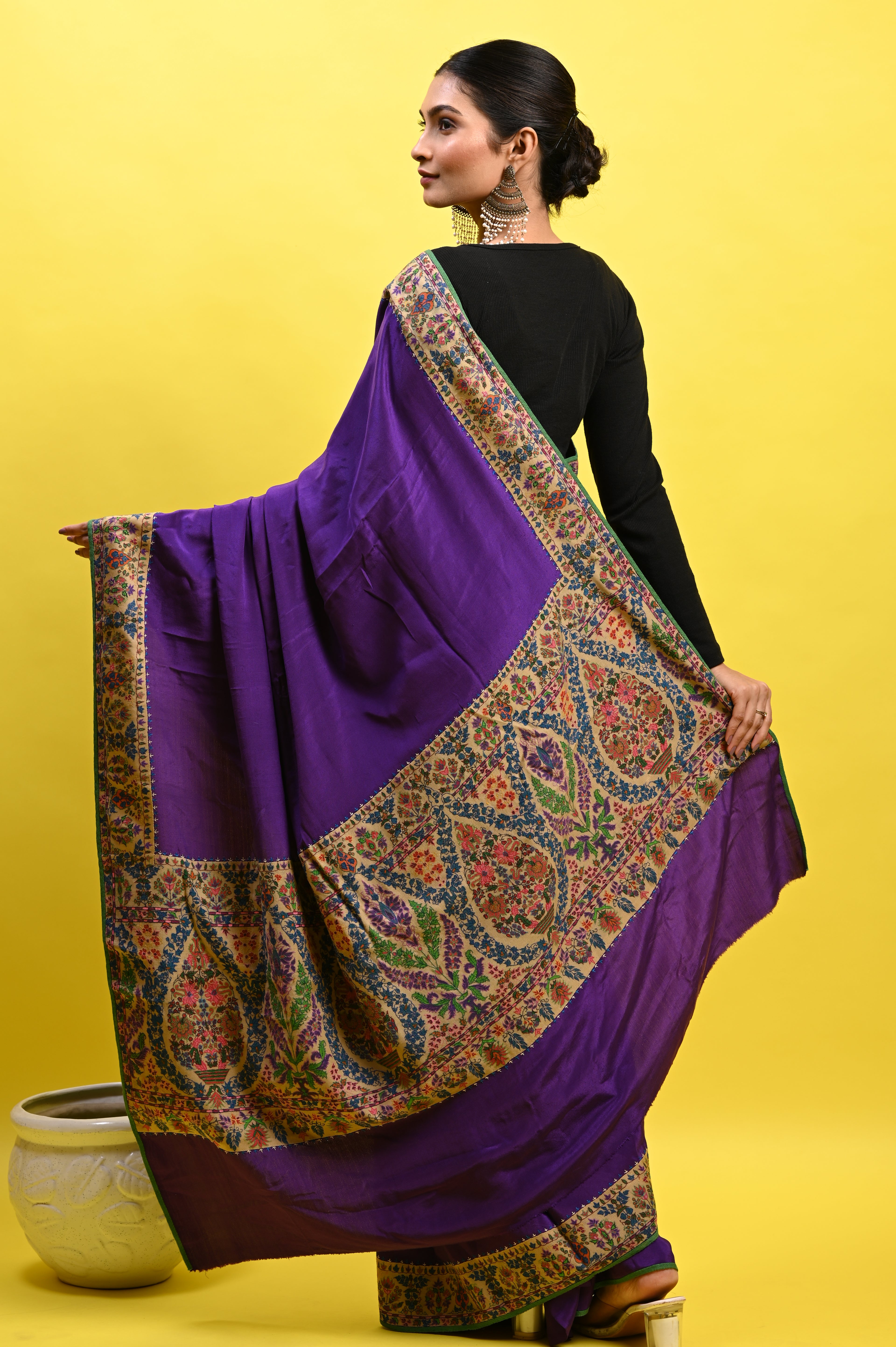 Pure Crepe Chinon Silk Kalamkari Embriodery Kashmiri Saree
