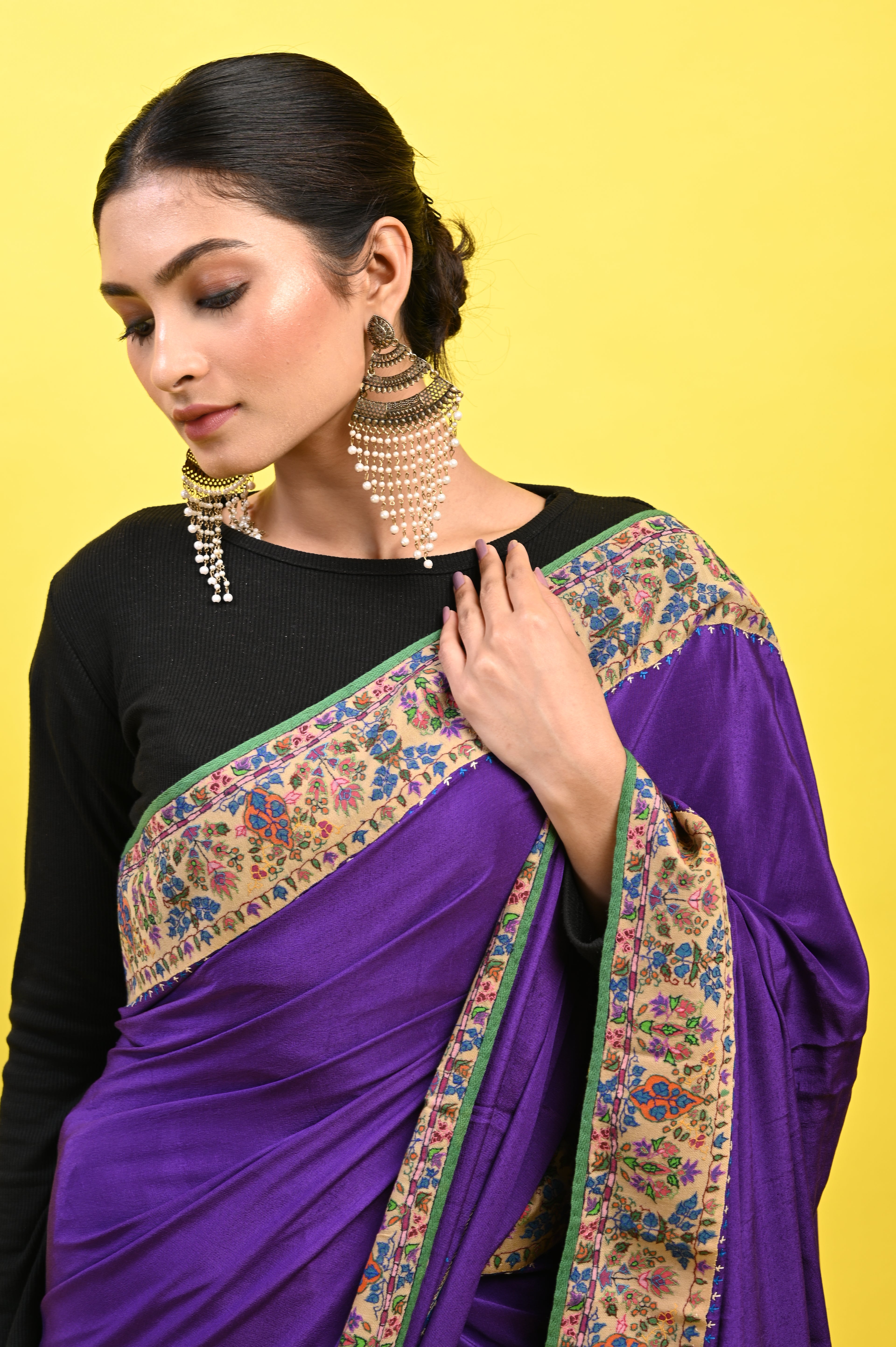 Pure Crepe Chinon Silk Kalamkari Embriodery Kashmiri Saree