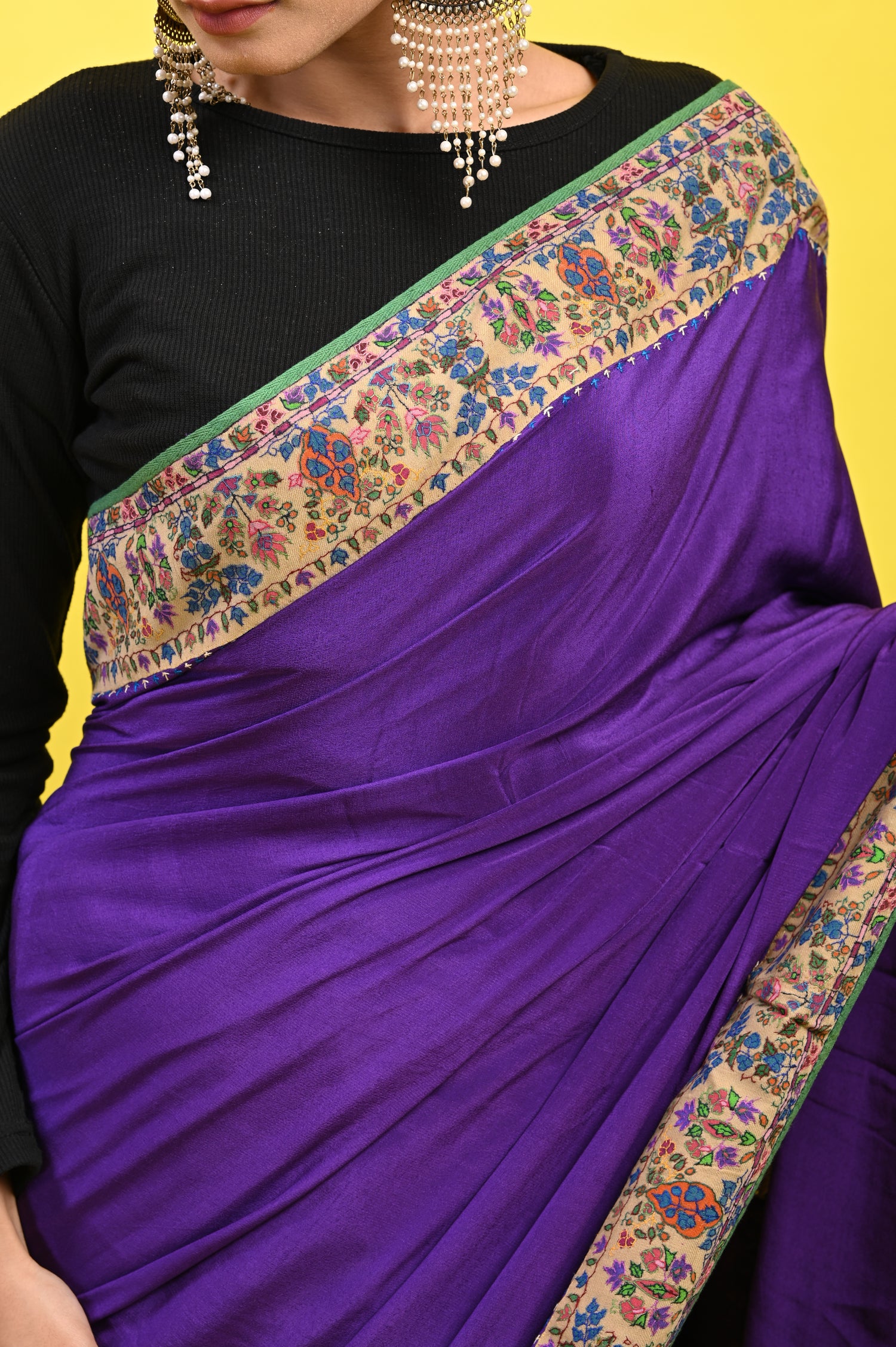 Pure Crepe Chinon Silk Kalamkari Embriodery Kashmiri Saree