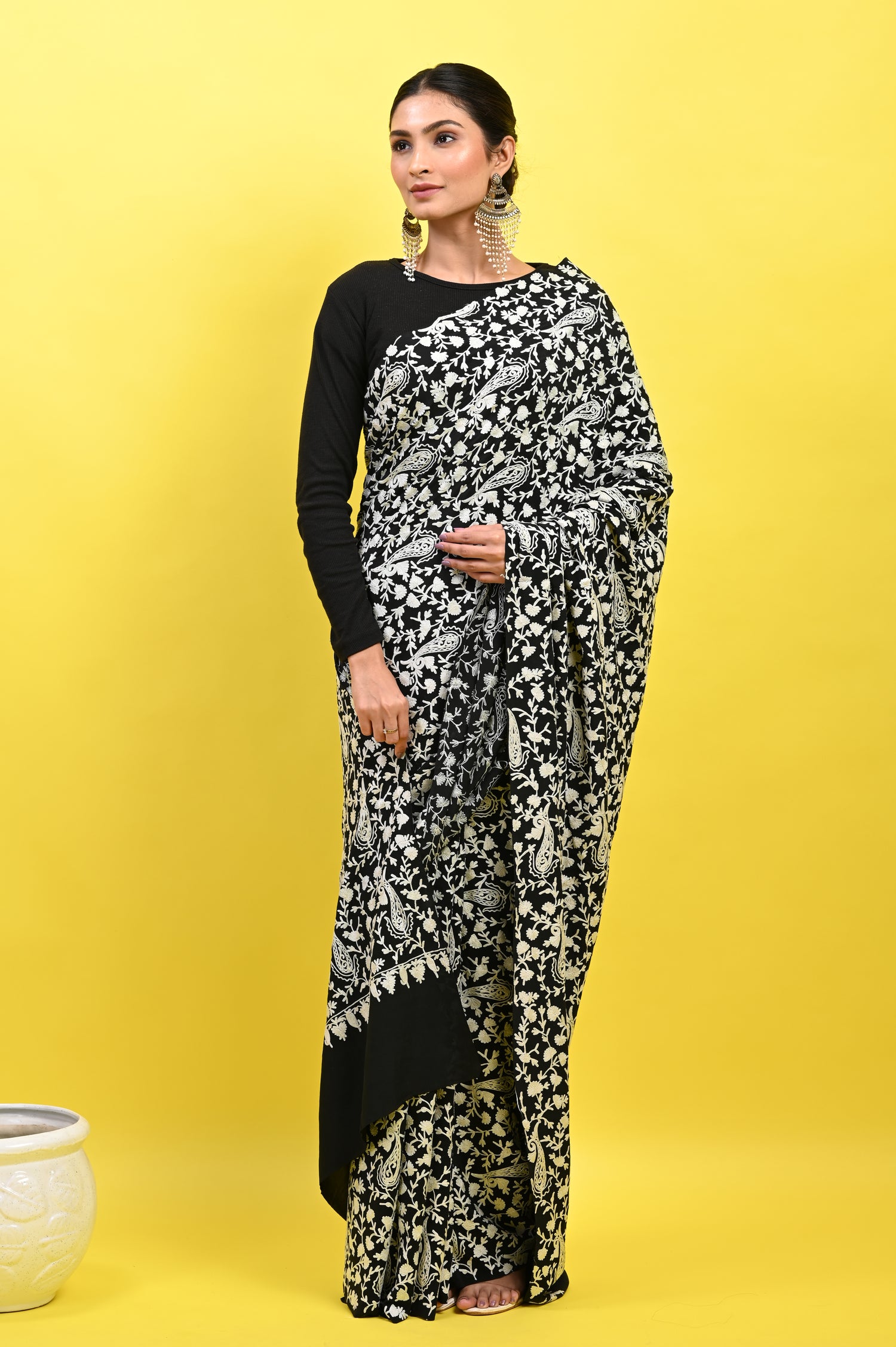 Pure Crepe Chinon Silk Aari Machine Embriodery Kashmiri Saree