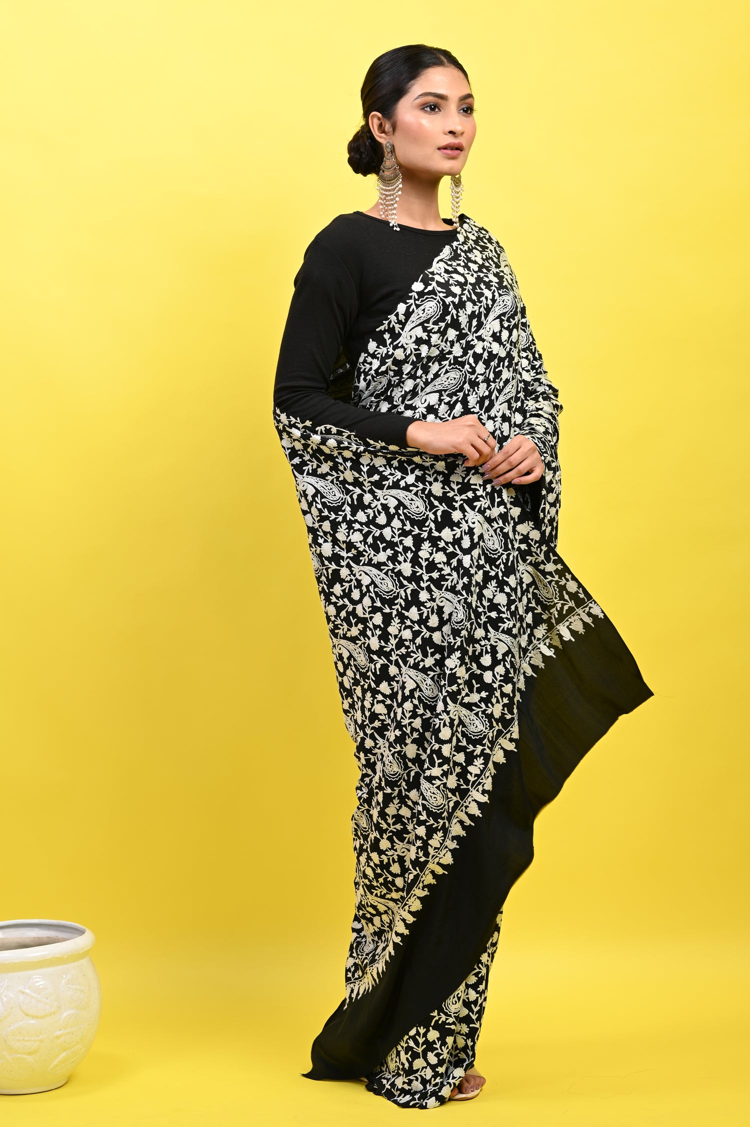 Pure Crepe Chinon Silk Aari Machine Embriodery Kashmiri Saree