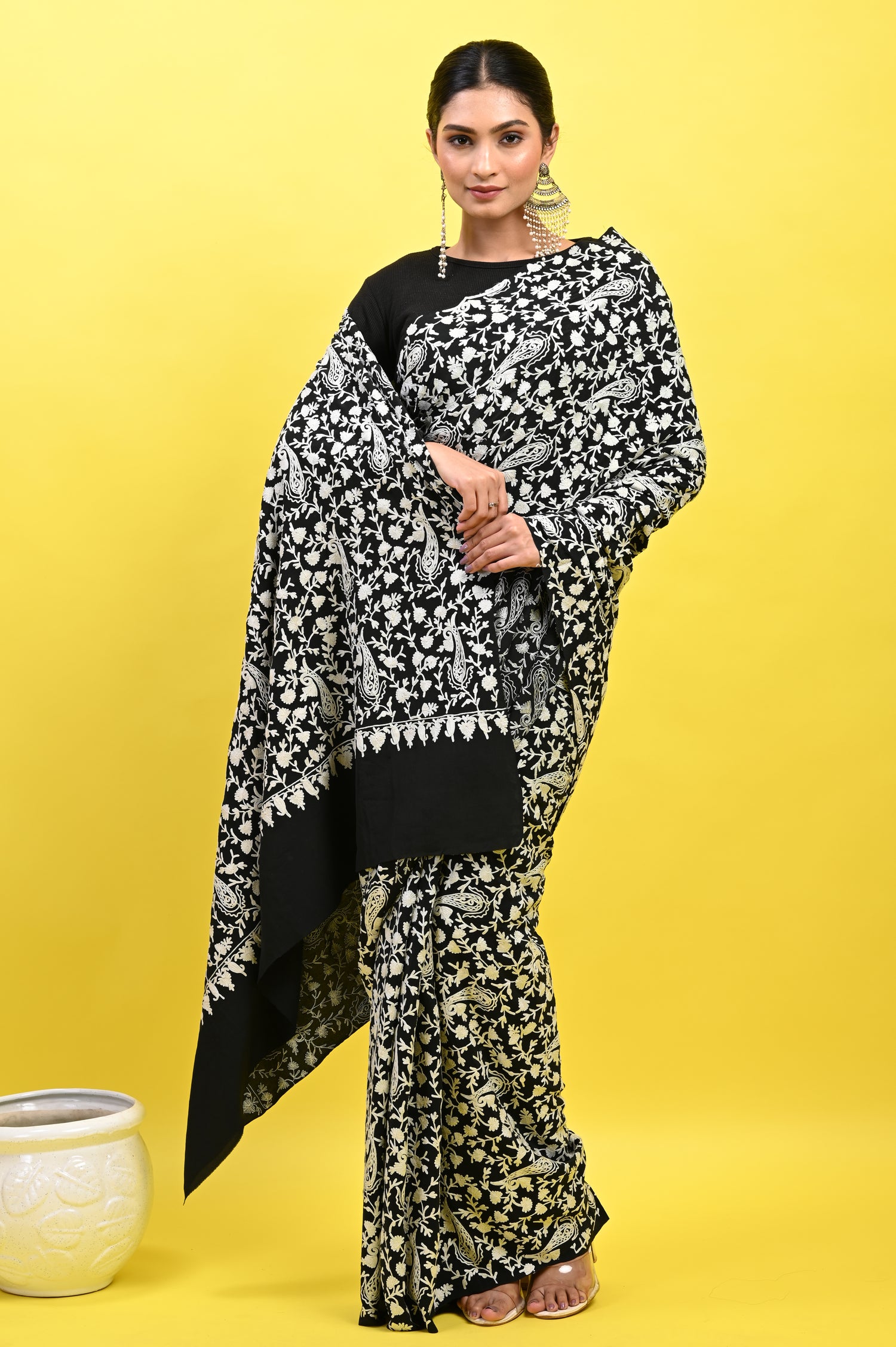 Pure Crepe Chinon Silk Aari Machine Embriodery Kashmiri Saree