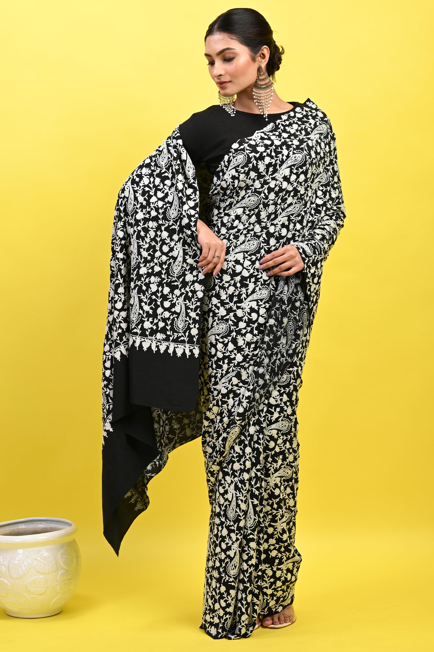 Pure Crepe Chinon Silk Aari Machine Embriodery Kashmiri Saree