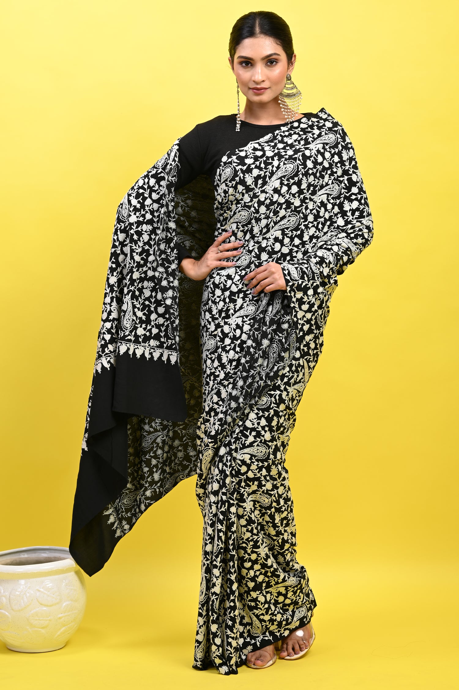 Pure Crepe Chinon Silk Aari Machine Embriodery Kashmiri Saree