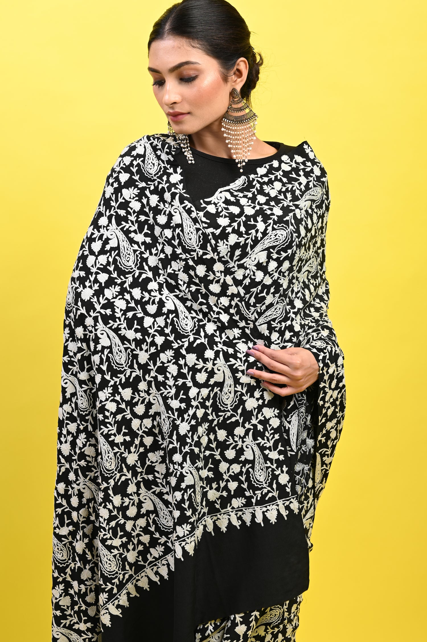 Pure Crepe Chinon Silk Aari Machine Embriodery Kashmiri Saree