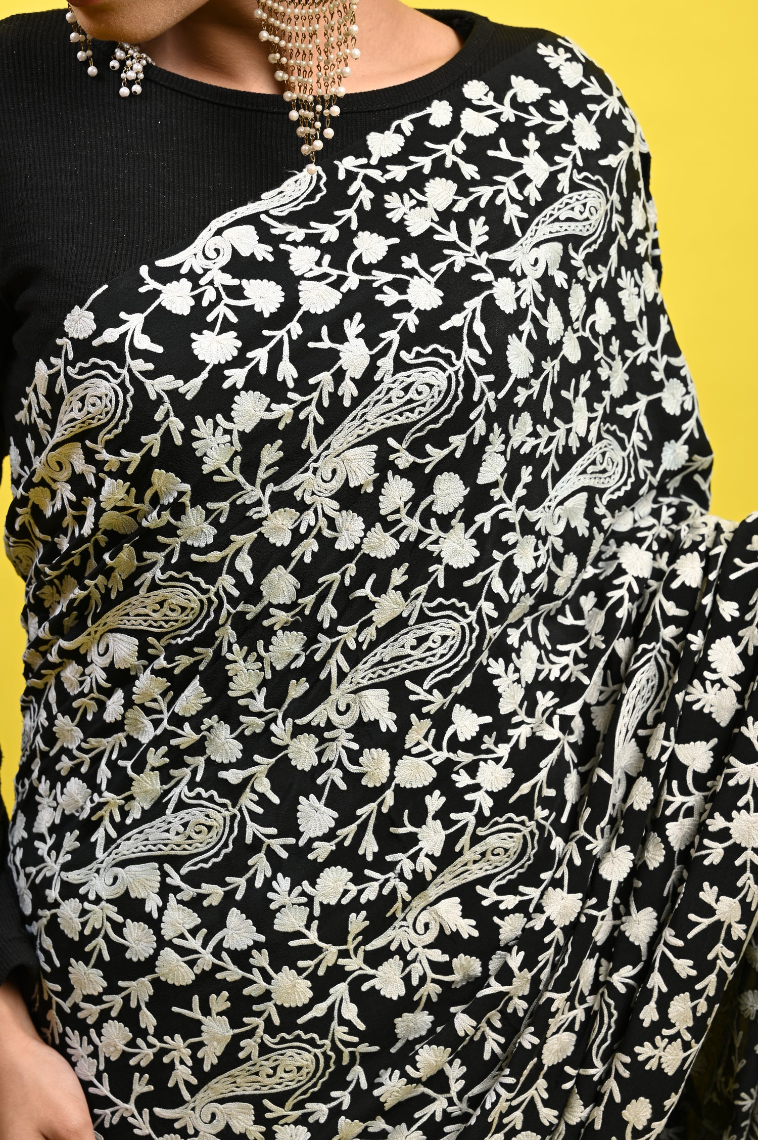 Pure Crepe Chinon Silk Aari Machine Embriodery Kashmiri Saree