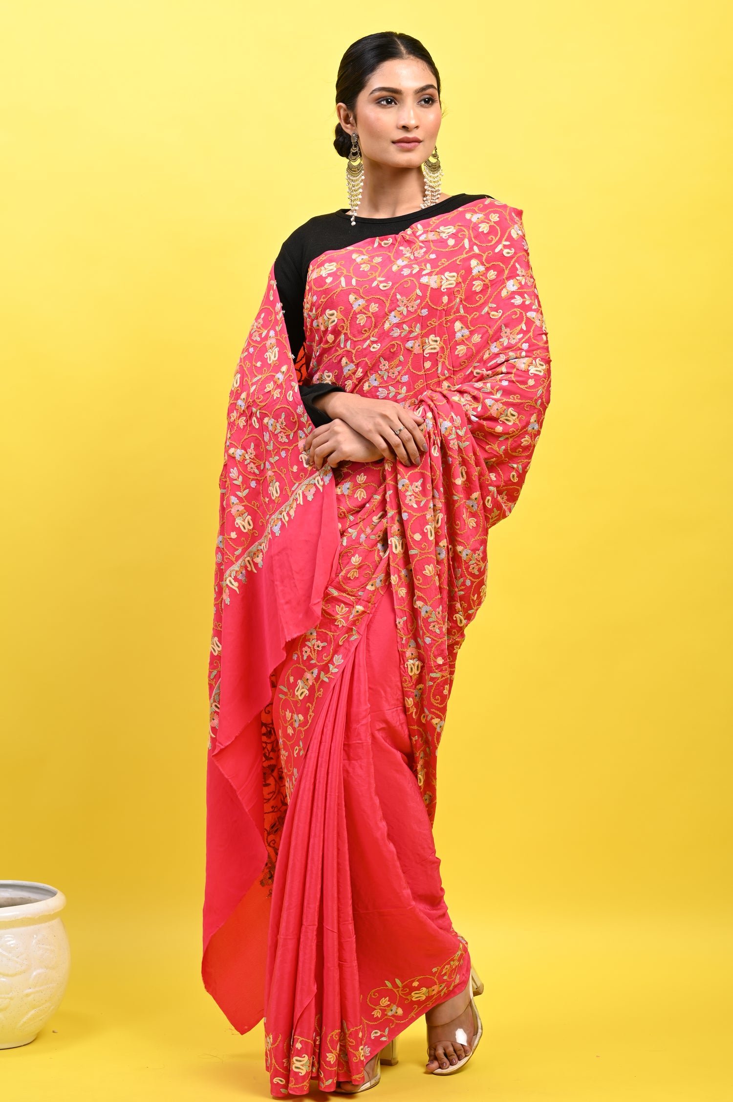 Pure Crepe Chinon Silk Aari Embriodery Kashmiri Saree