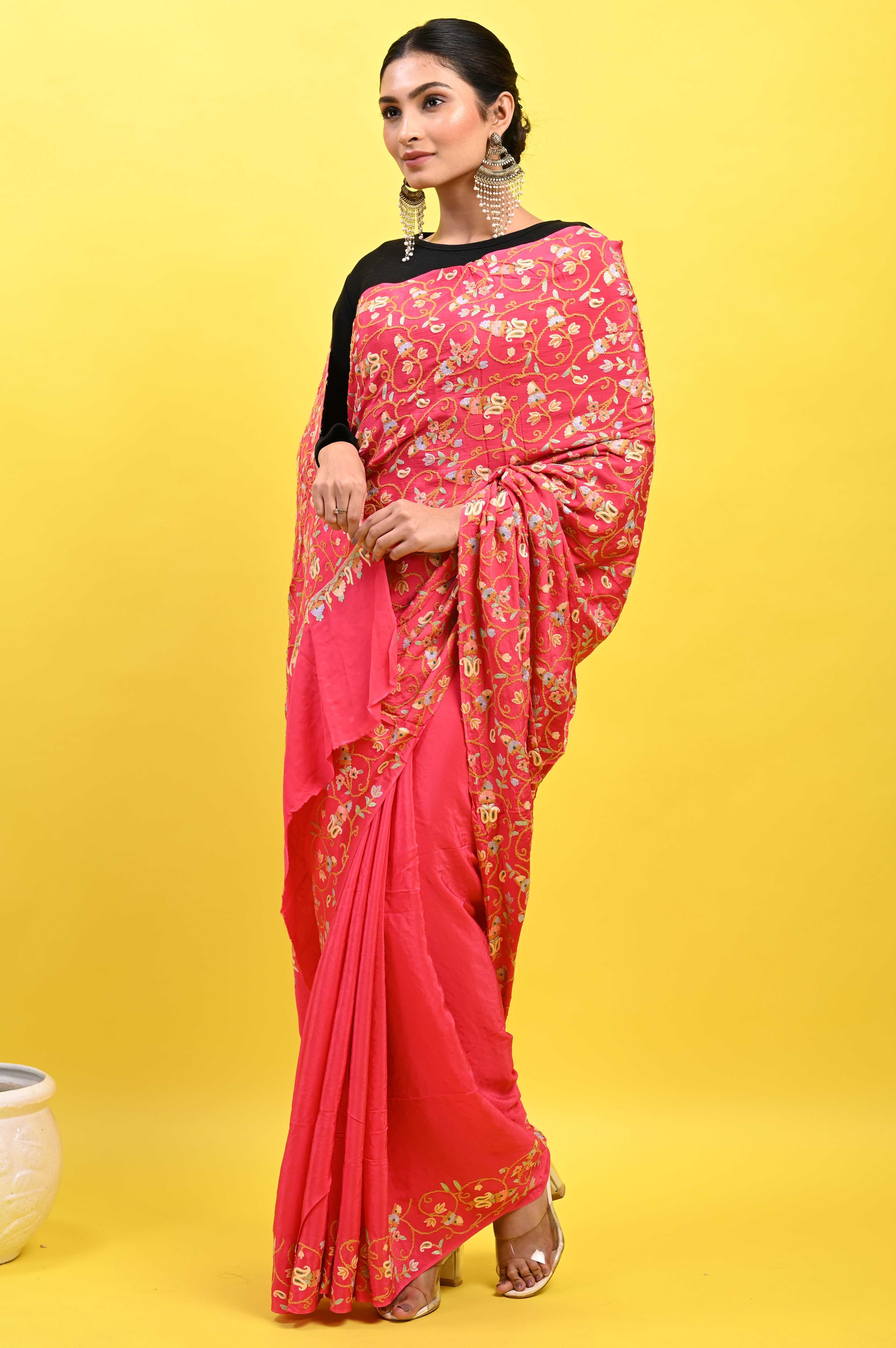 Pure Crepe Chinon Silk Aari Embriodery Kashmiri Saree