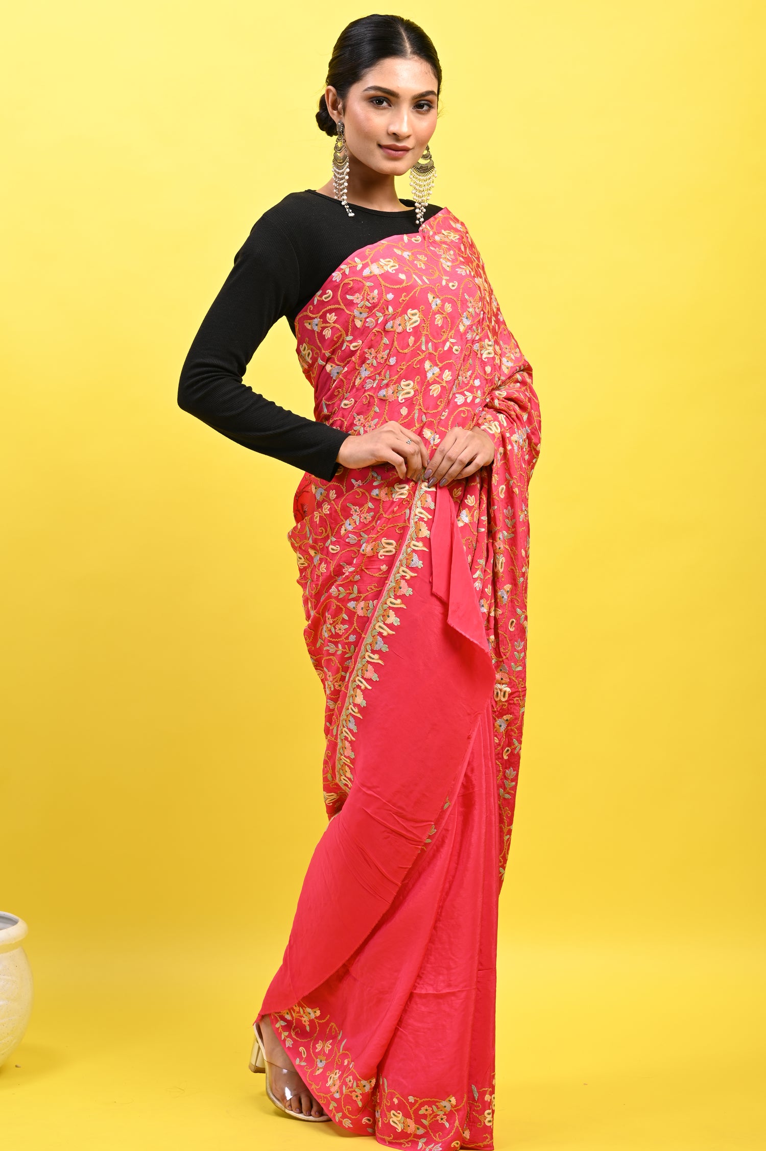 Pure Crepe Chinon Silk Aari Embriodery Kashmiri Saree