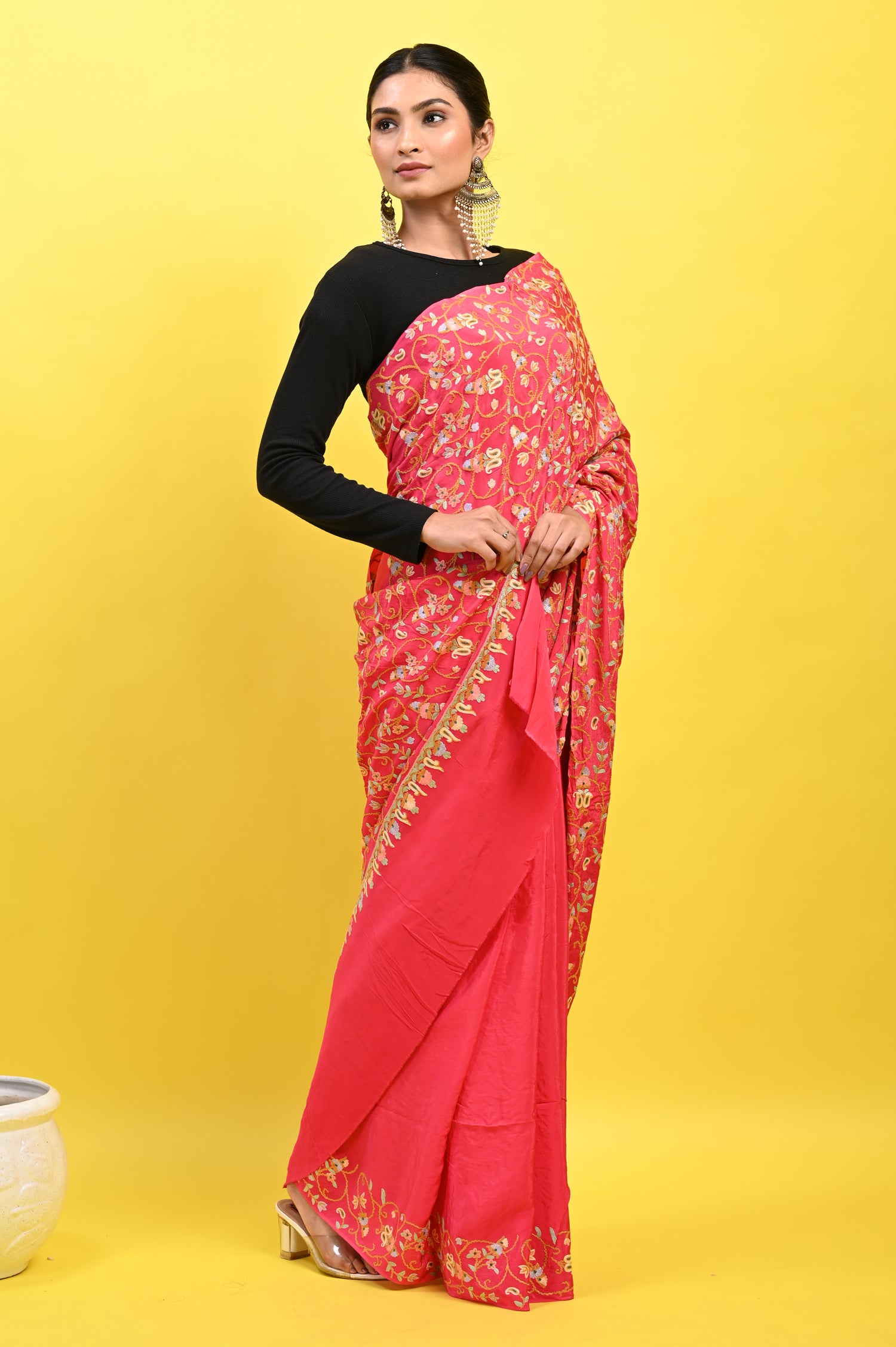 Pure Crepe Chinon Silk Aari Embriodery Kashmiri Saree