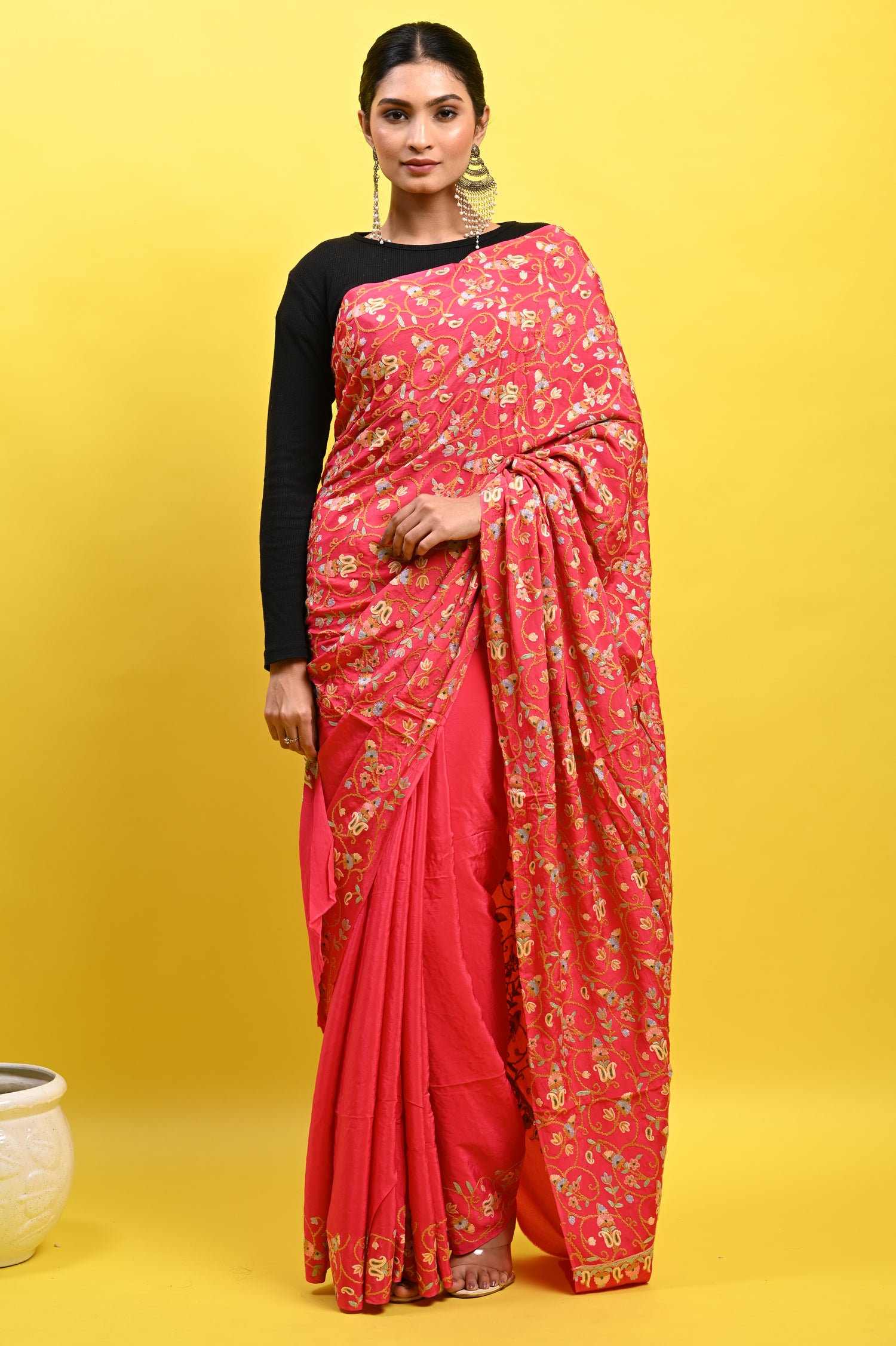 Pure Crepe Chinon Silk Aari Embriodery Kashmiri Saree