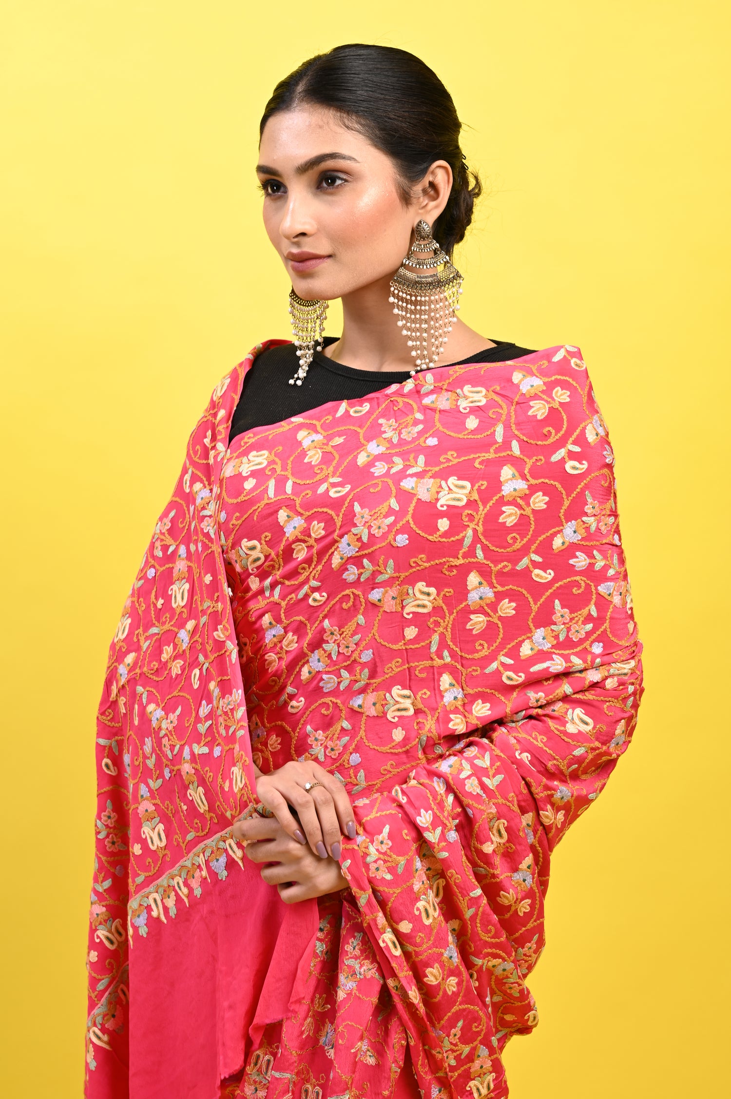 Pure Crepe Chinon Silk Aari Embriodery Kashmiri Saree