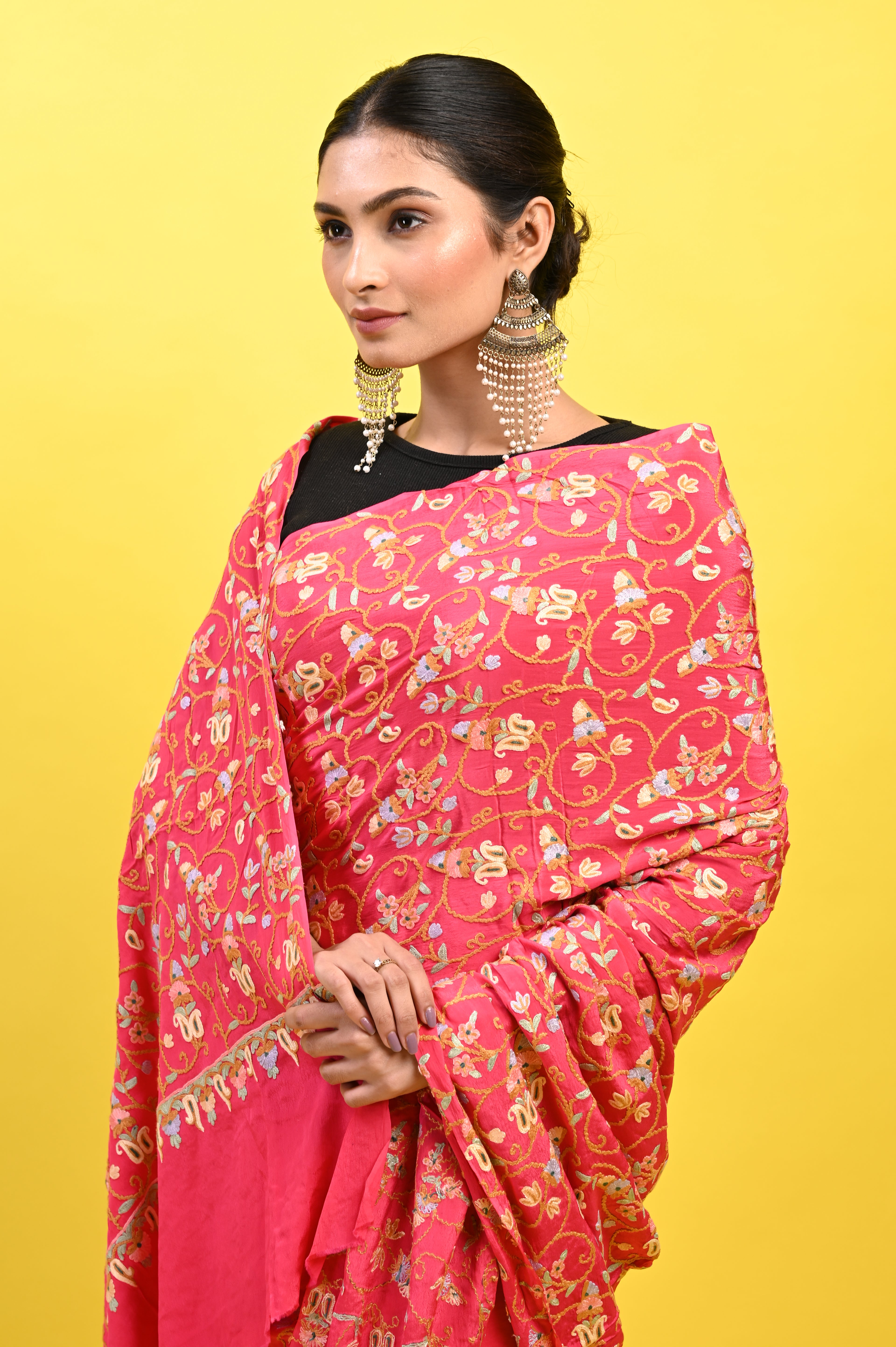 Pure Crepe Chinon Silk Aari Embriodery Kashmiri Saree