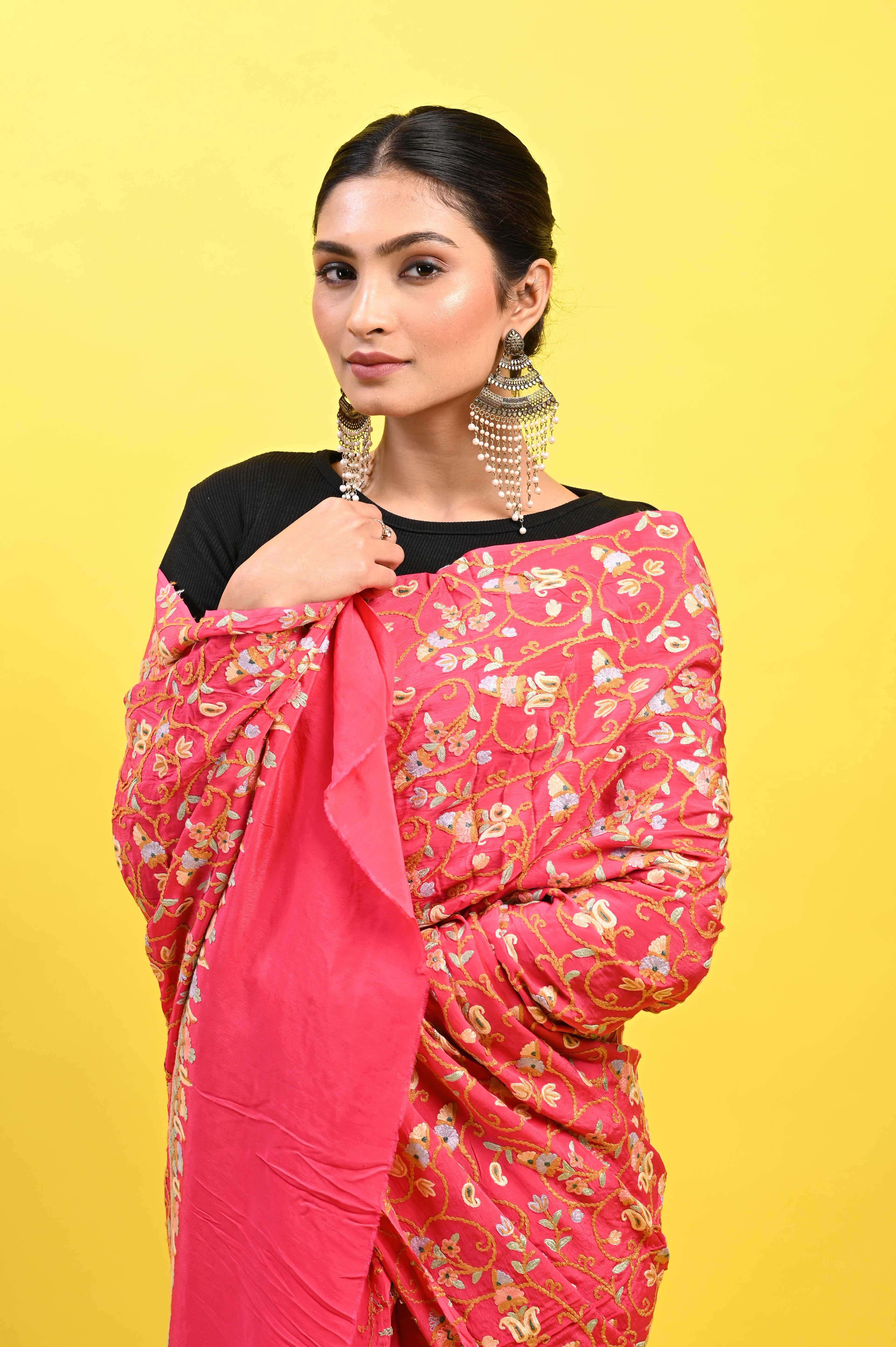 Pure Crepe Chinon Silk Aari Embriodery Kashmiri Saree