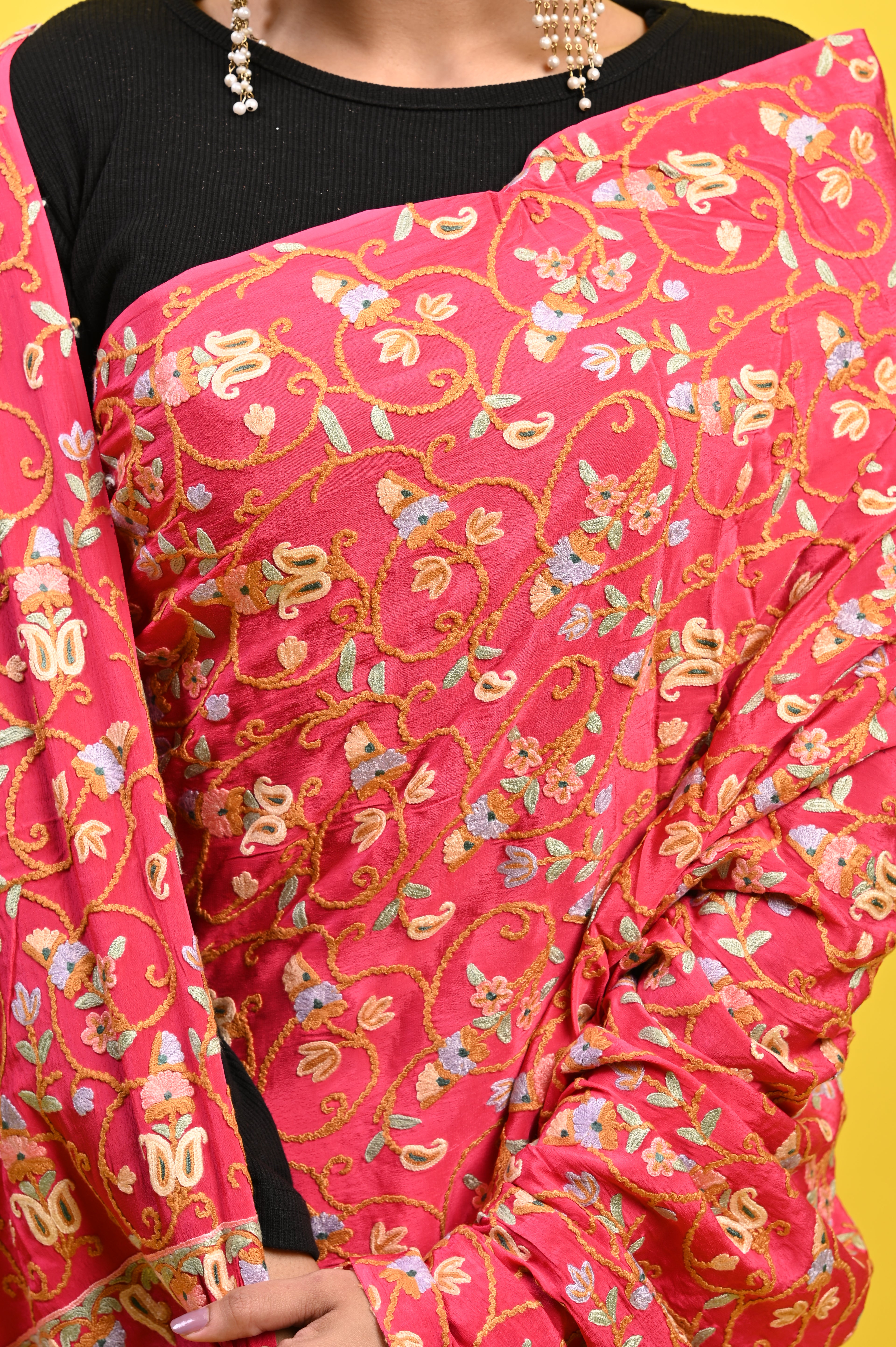 Pure Crepe Chinon Silk Aari Embriodery Kashmiri Saree