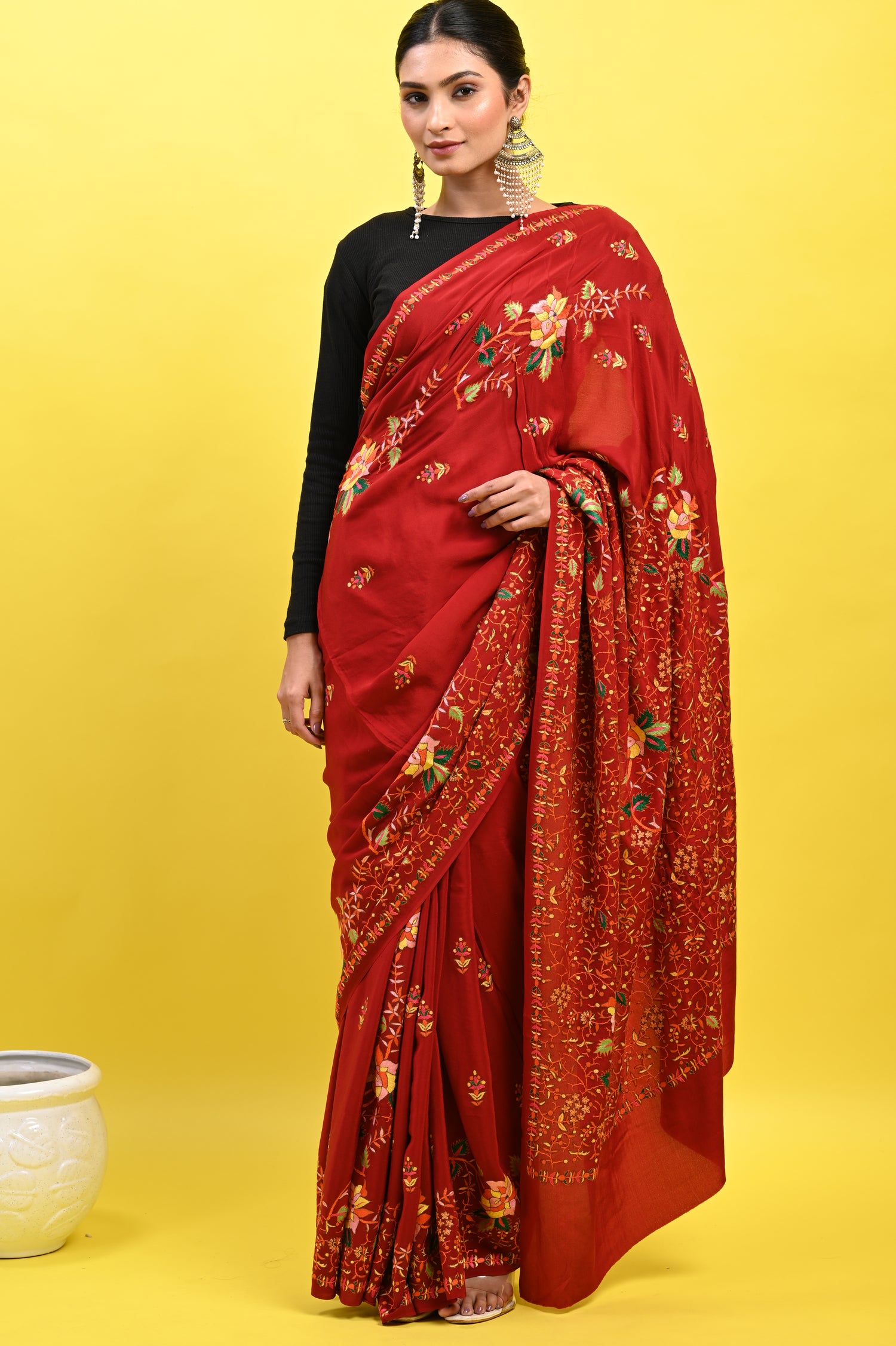 Pure Crepe Chinon Silk Sozni Work Hand Embroidered Kashmiri Saree