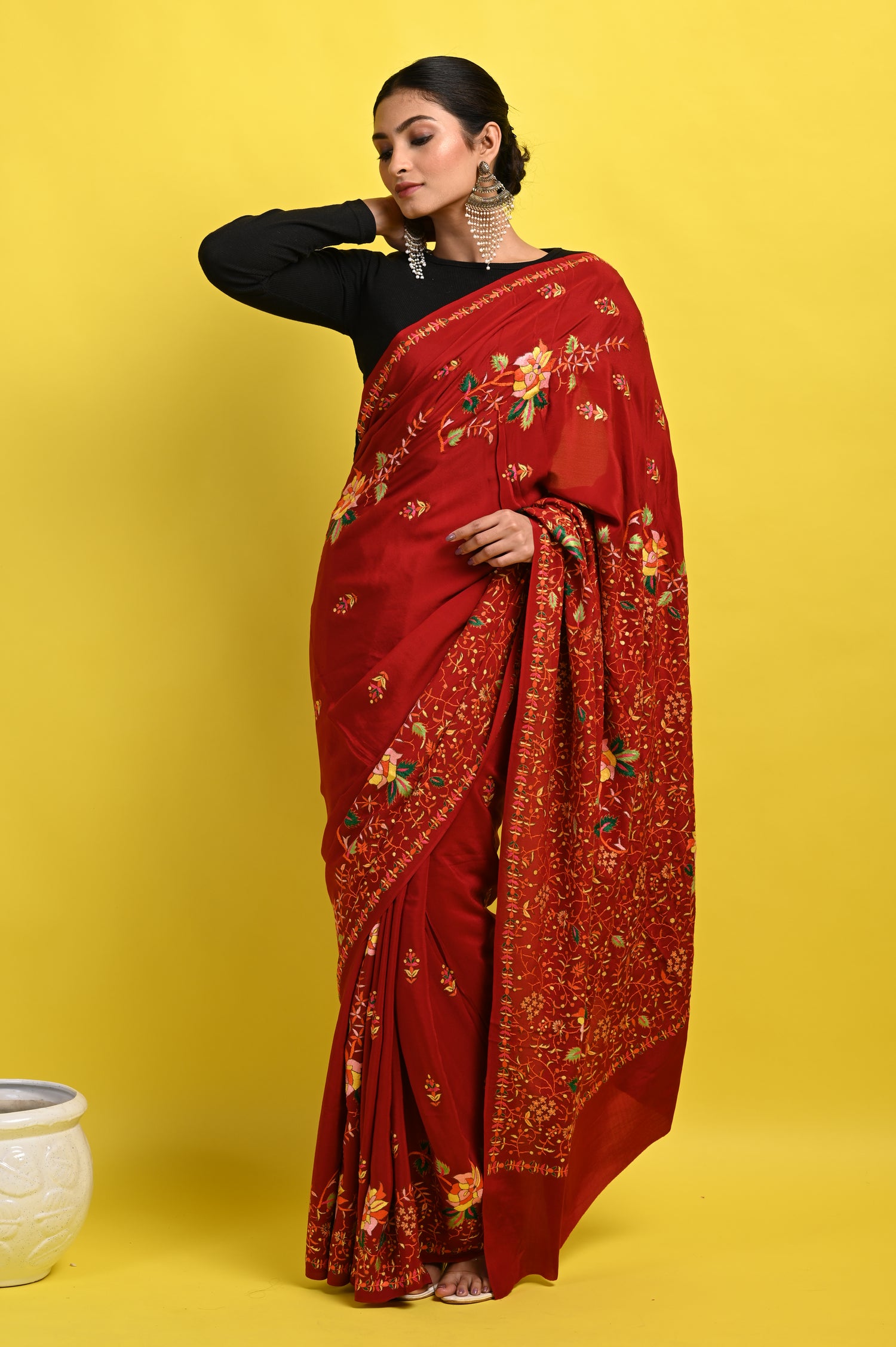 Pure Crepe Chinon Silk Sozni Work Hand Embroidered Kashmiri Saree